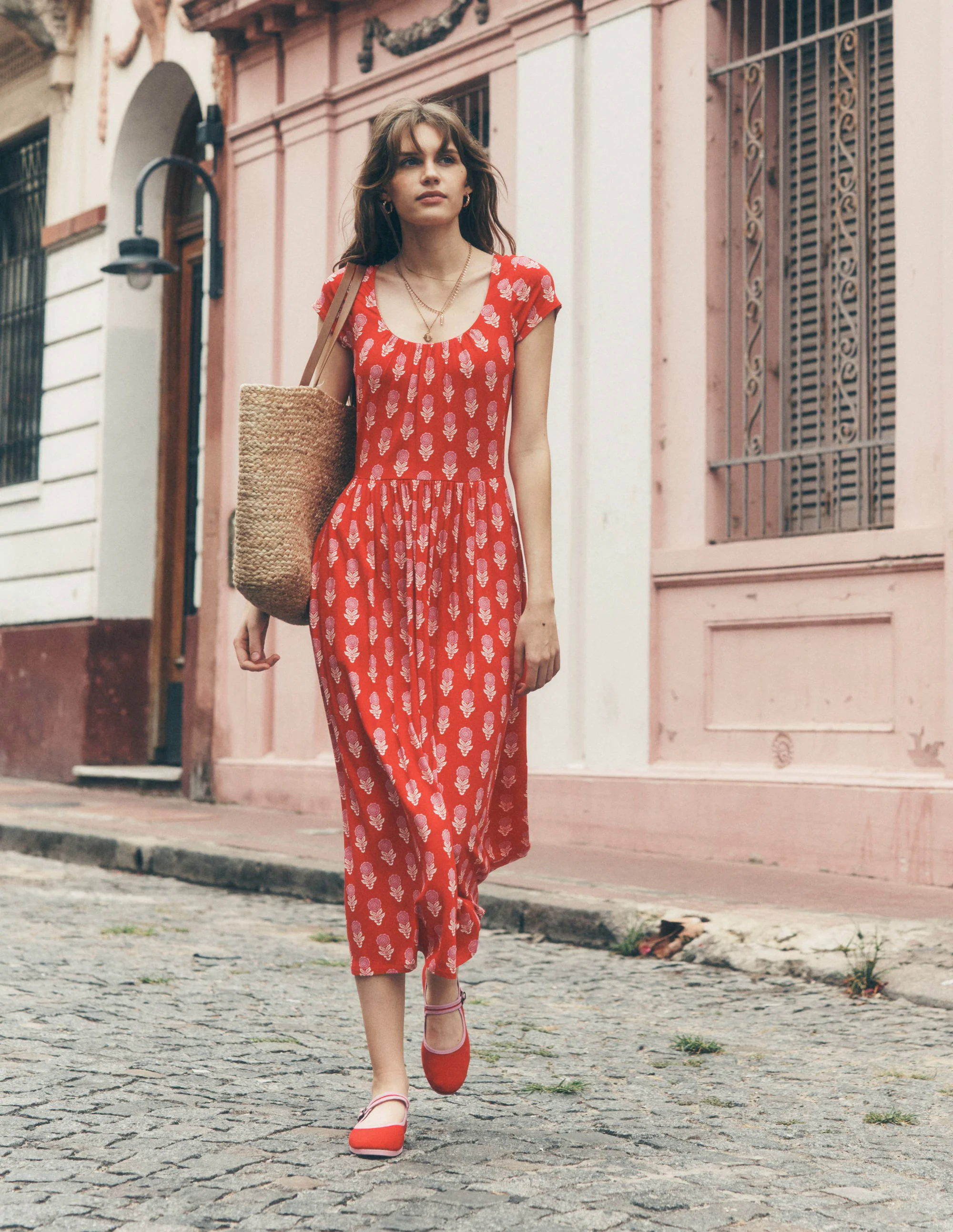  Jersey Dress-Poppy Red, Dahlia Sprig