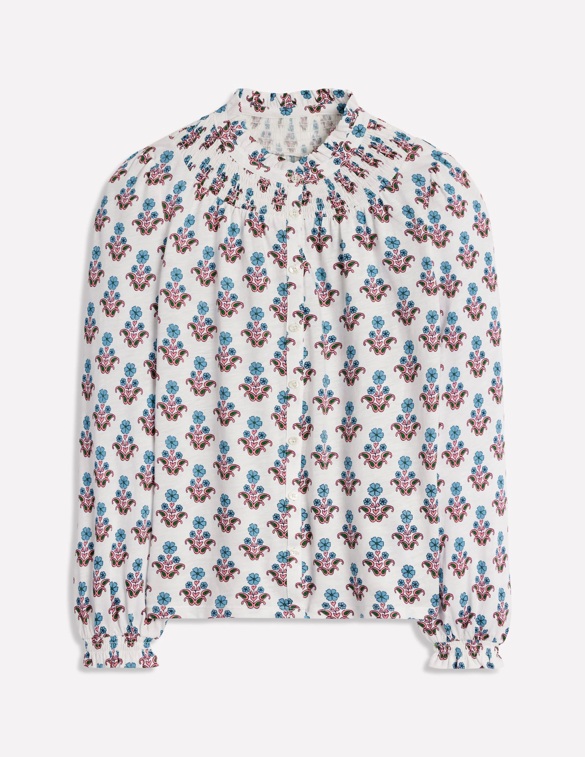  Smocked Jersey Shirt-Ivory Pansy Stamp