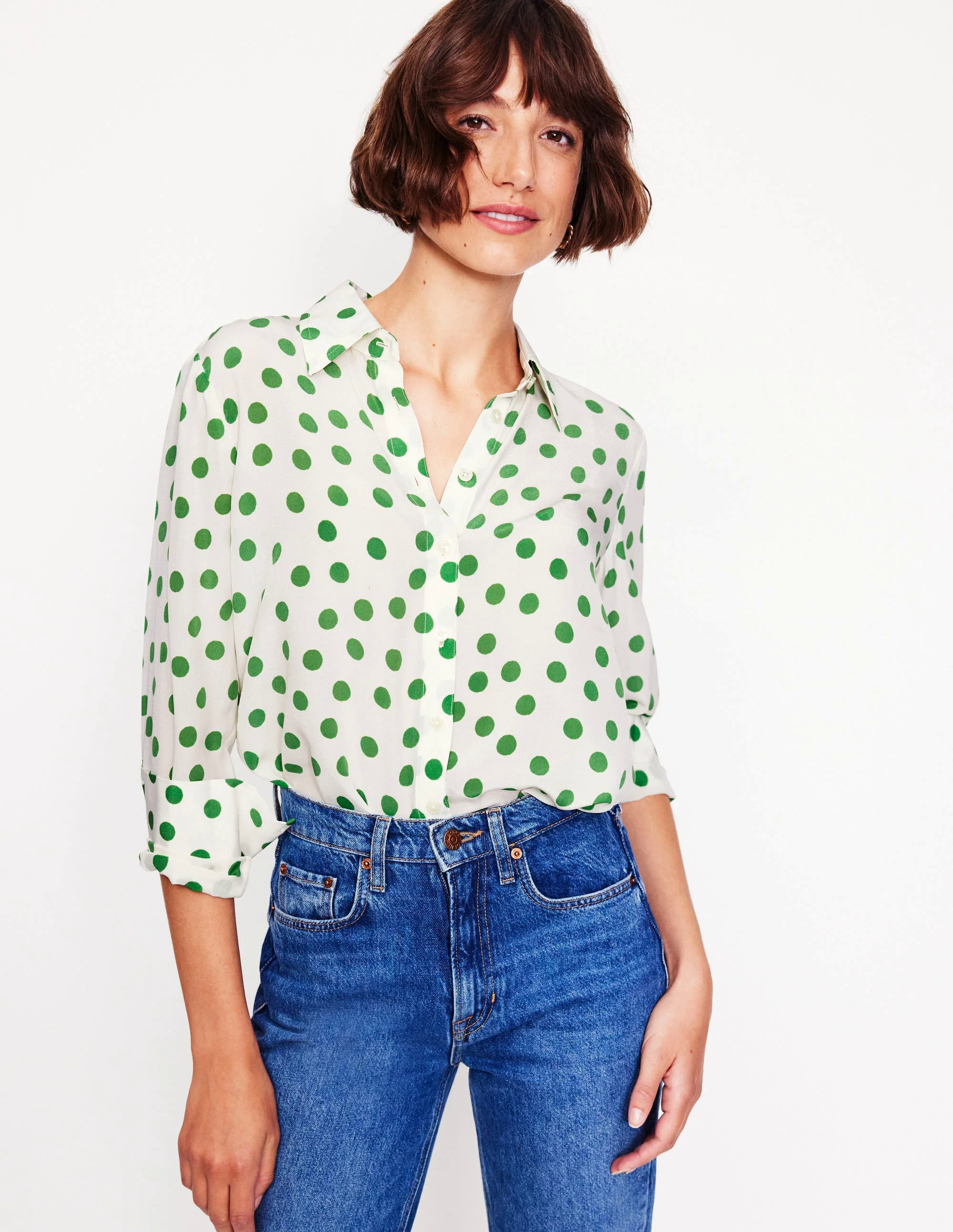 Silk Shirt-Ivory, Green Abstract Dot