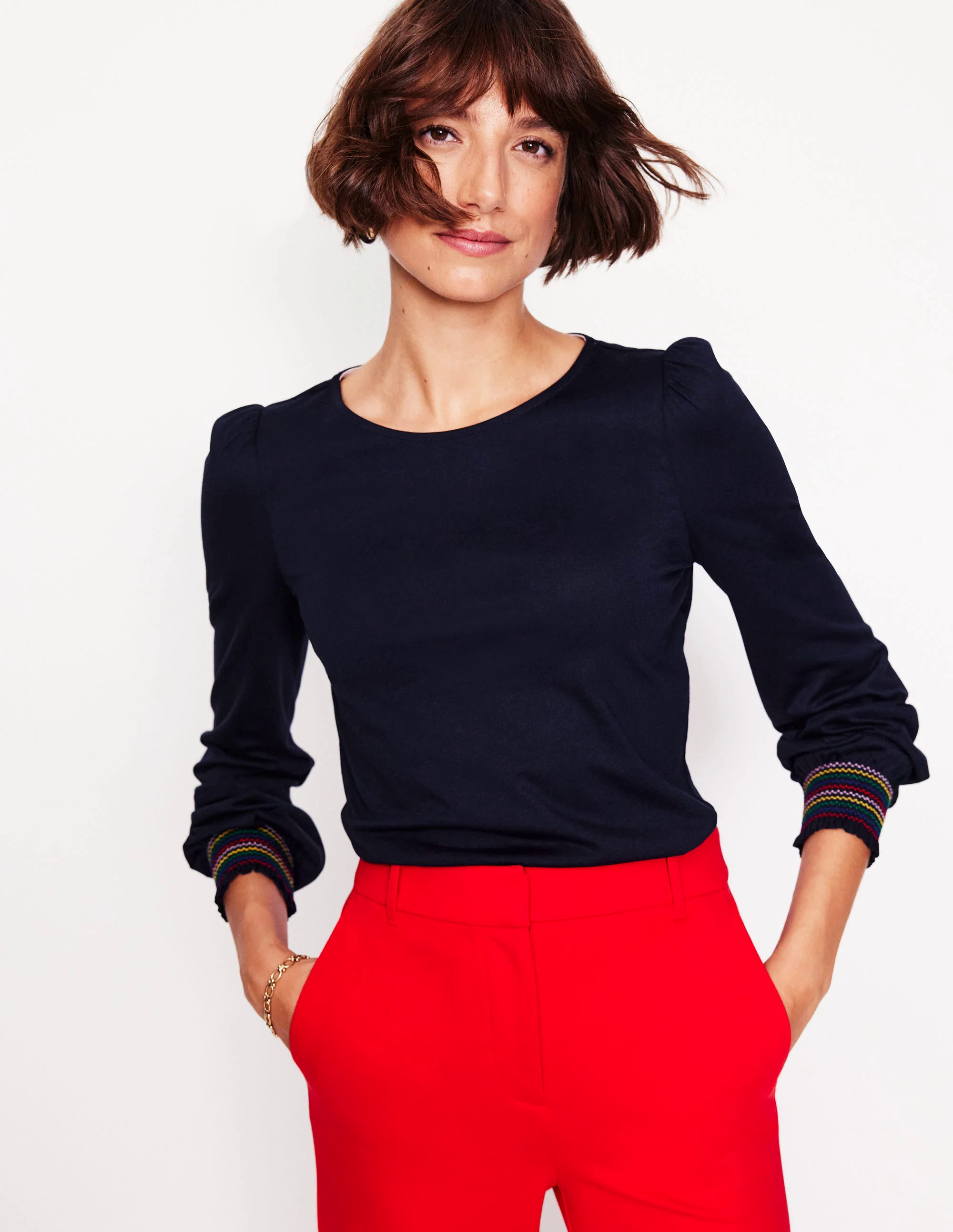 Smocked Cuff Supersoft Top-Navy Smocked Cuff Supersoft Top-Navy