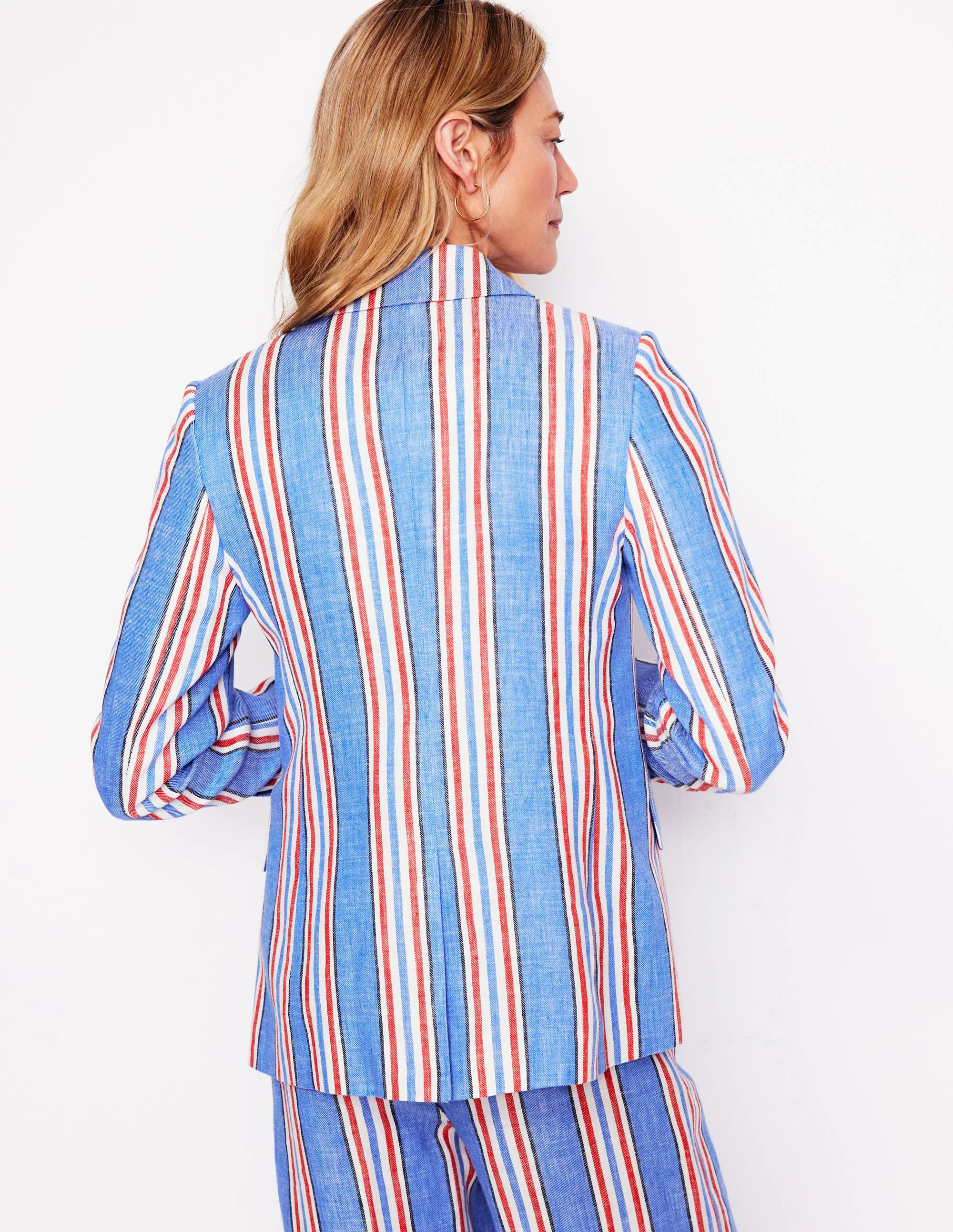  Linen Blazer-Peacock Plume, Red Stripe