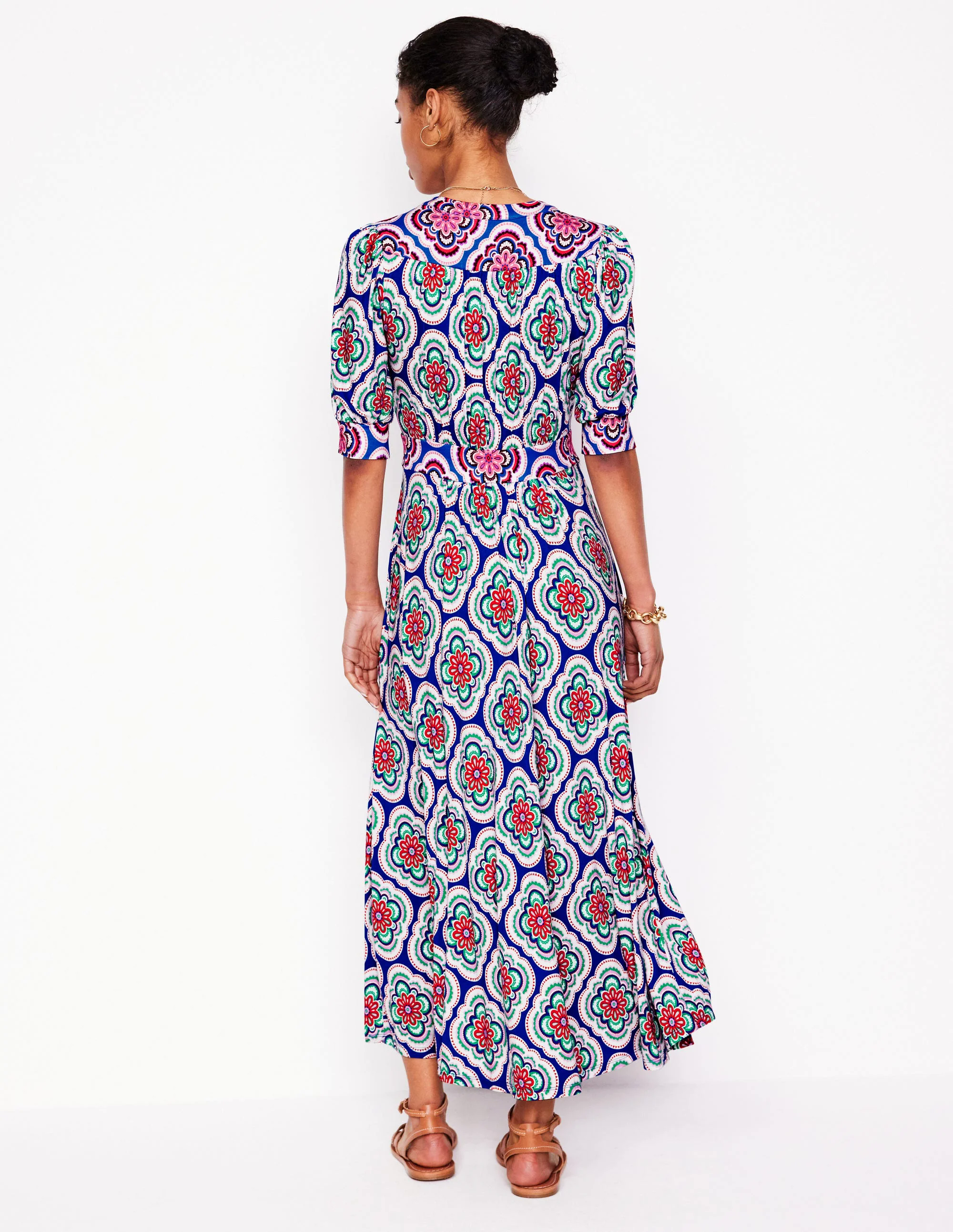 Lily Jersey Midi Tea Dress-Bright Blue, Botanic Blush Lily Jersey Midi Tea Dress-Bright Blue, Botanic Blush