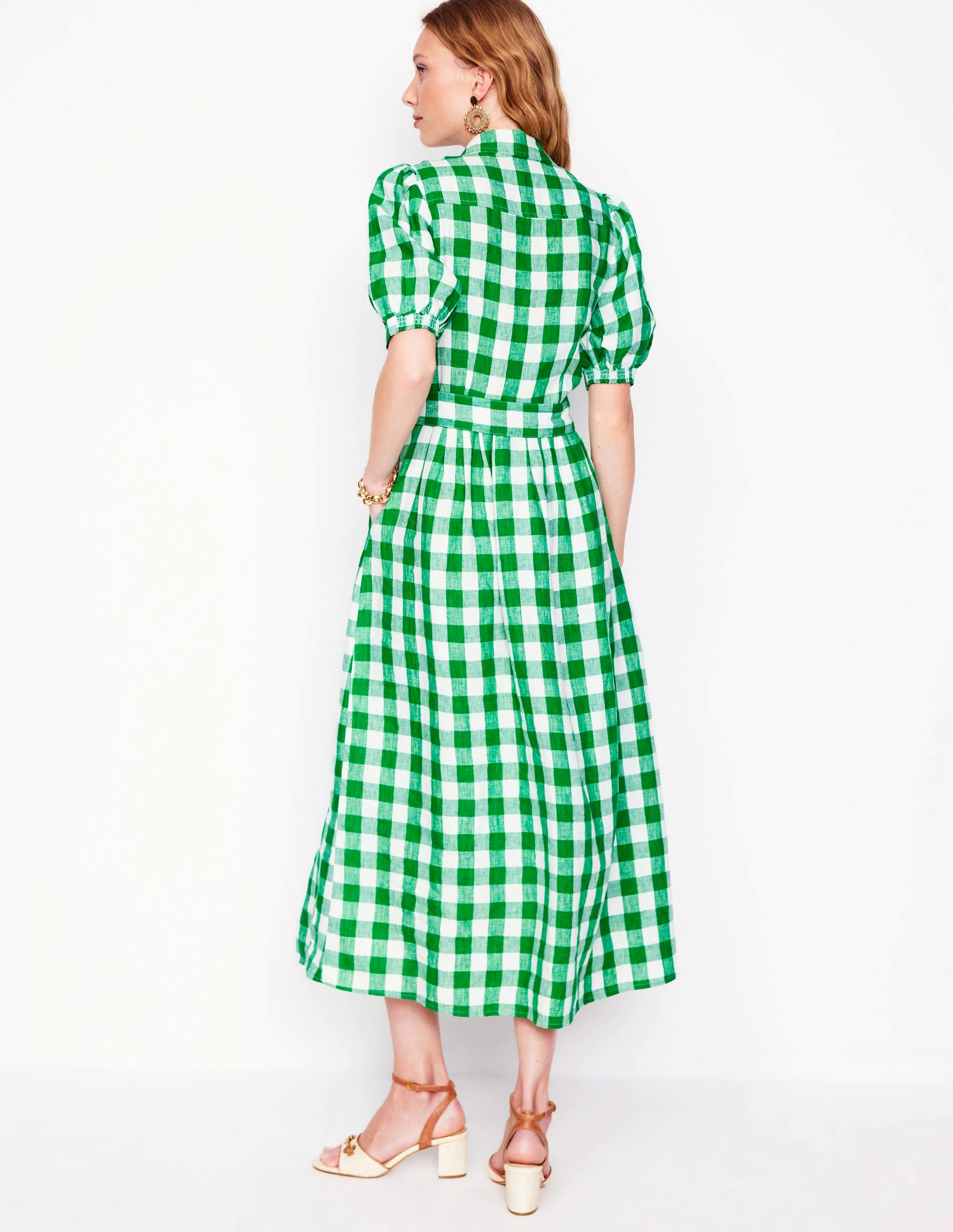  Linen Maxi Shirt Dress-Rich Emerald Gingham