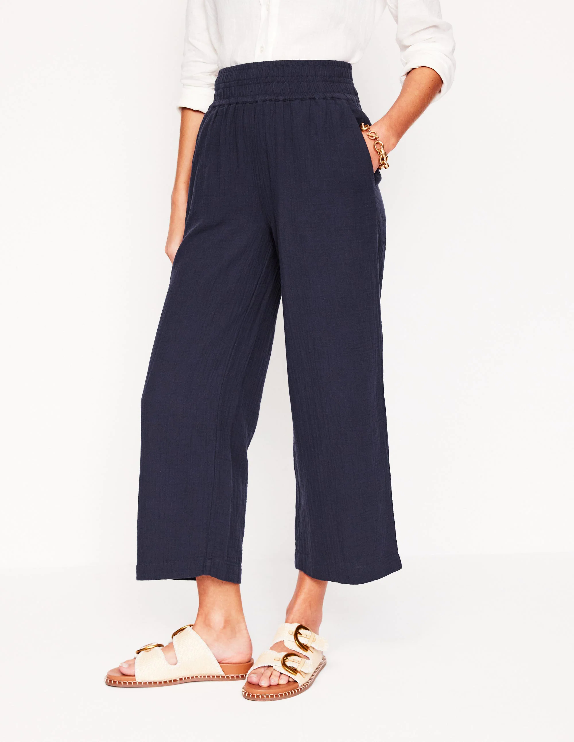 Cropped Double Cloth Pants-Navy
