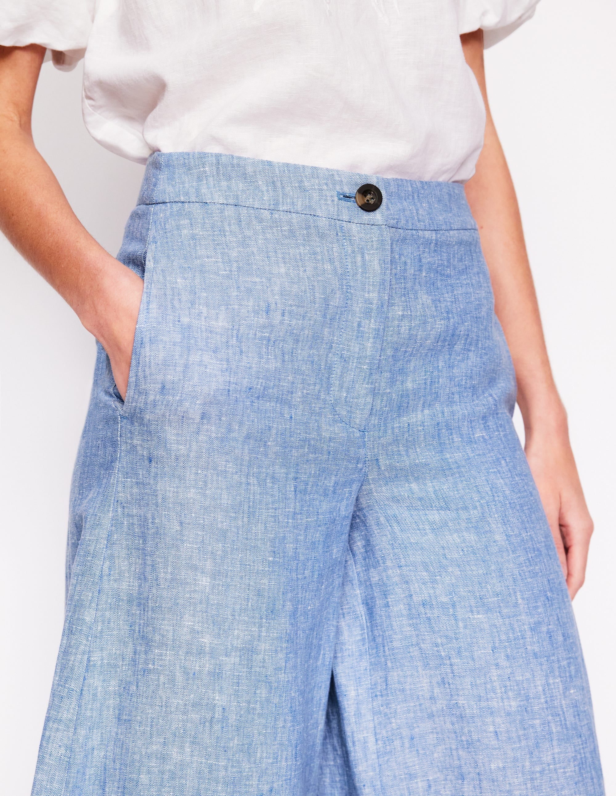 Wide Crop Linen Pants-Grey Blue Chambray Wide Crop Linen Pants-Grey Blue Chambray