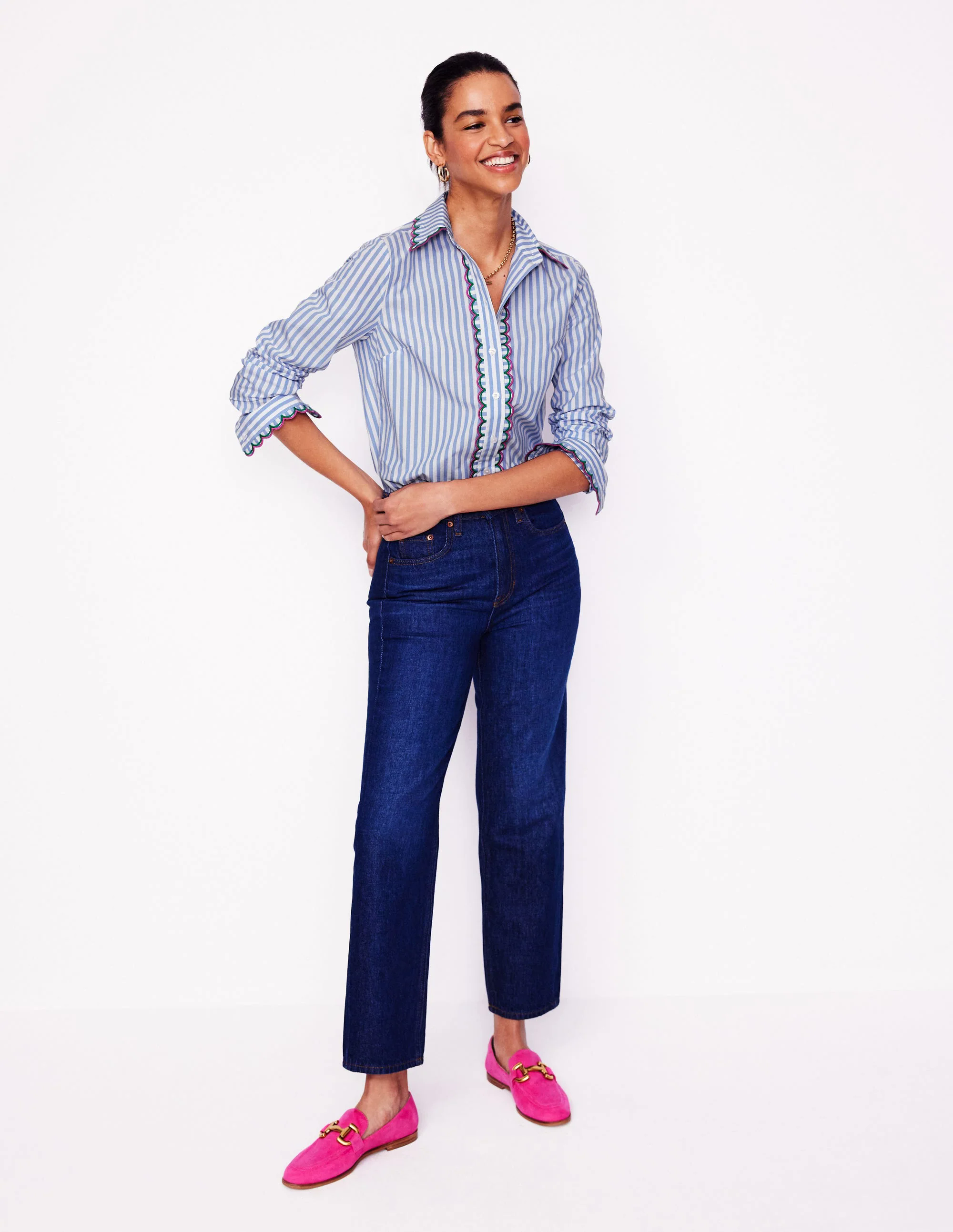  Interest Cotton Shirt-Multi, Blue and Ivory Stripe
