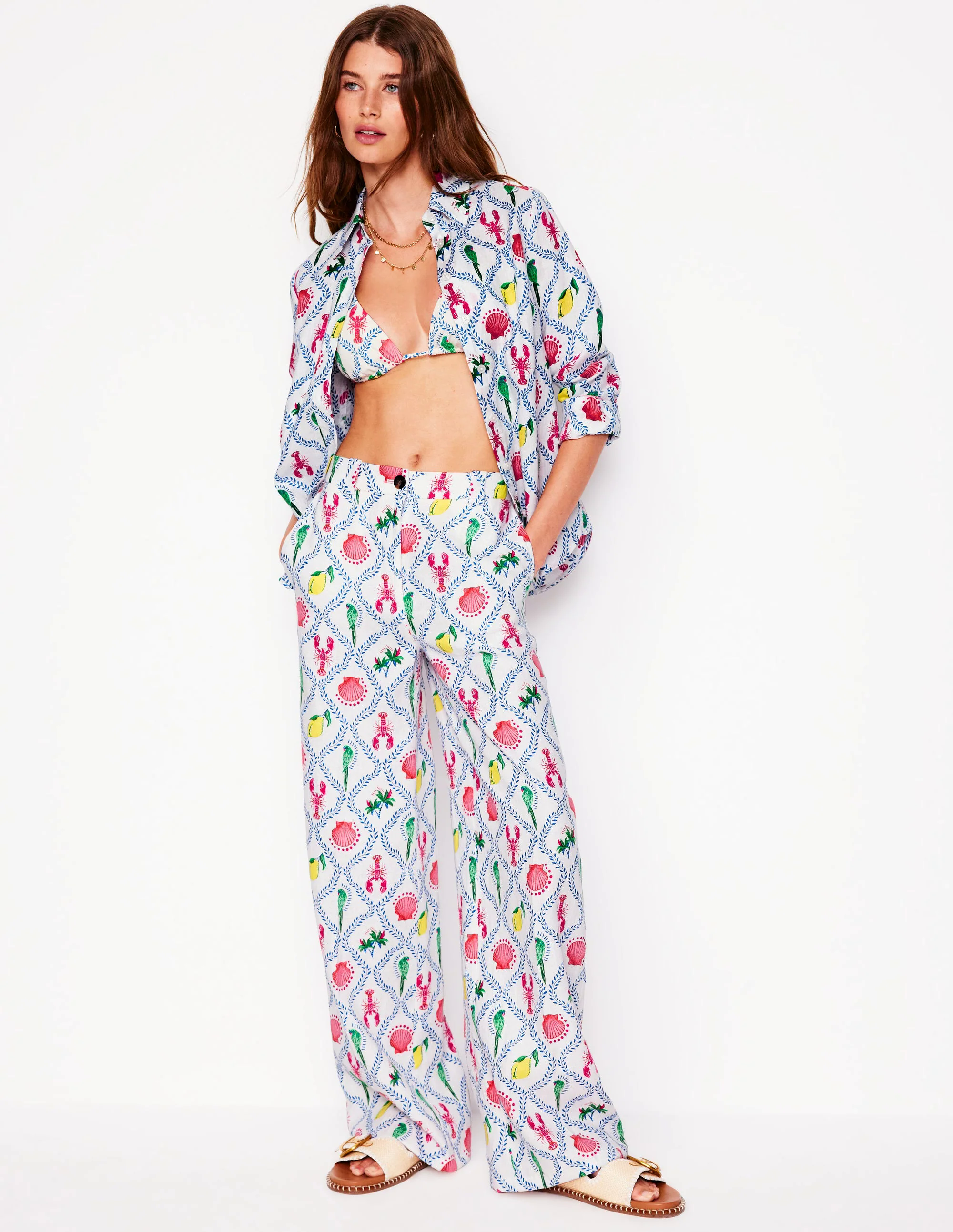 Linen Pants-Ivory, Tropical Bonanza Vine