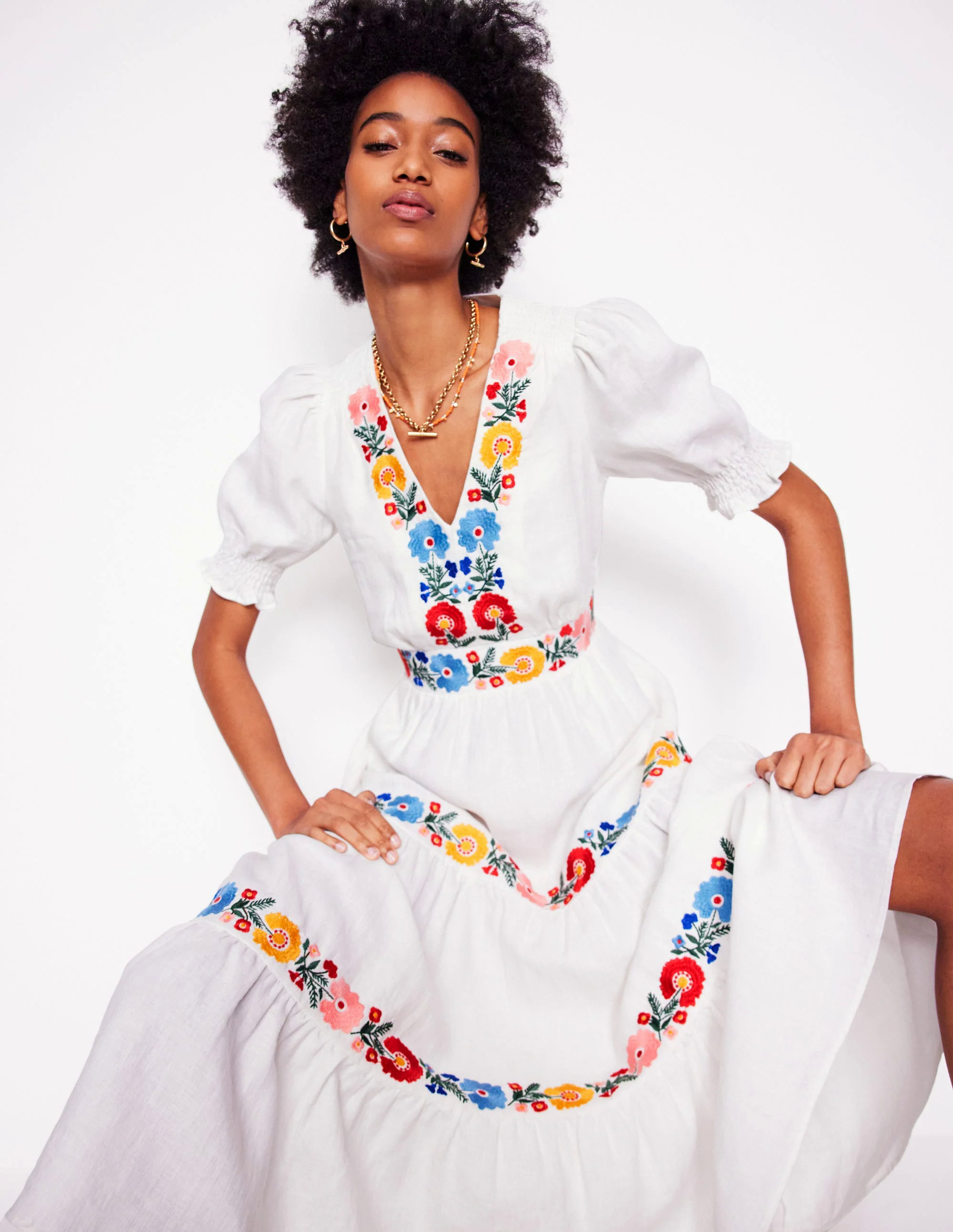  Linen Tiered Midi Dress-White, Multi Embroidery