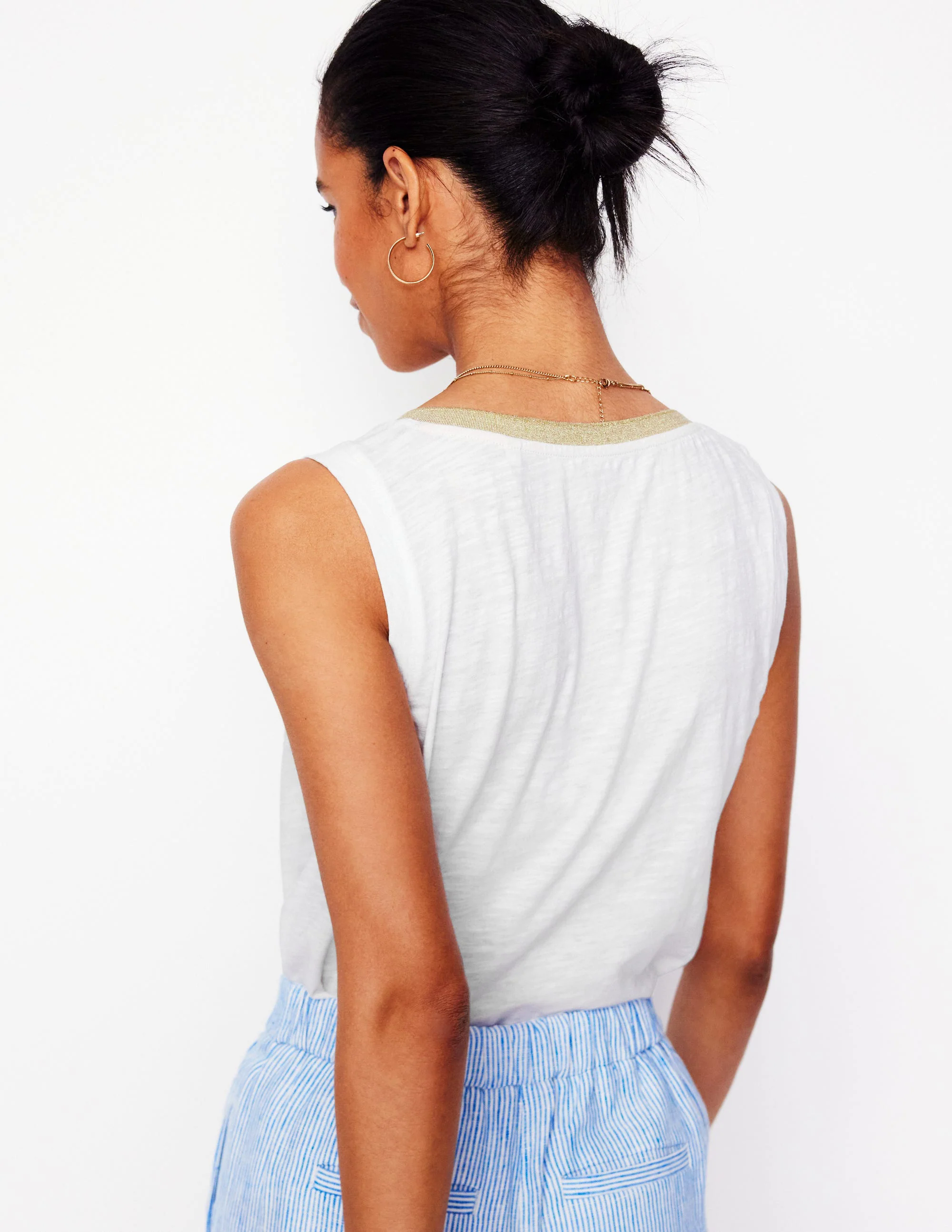 Metallic Trim V Neck Vest-White Metallic Trim V Neck Vest-White