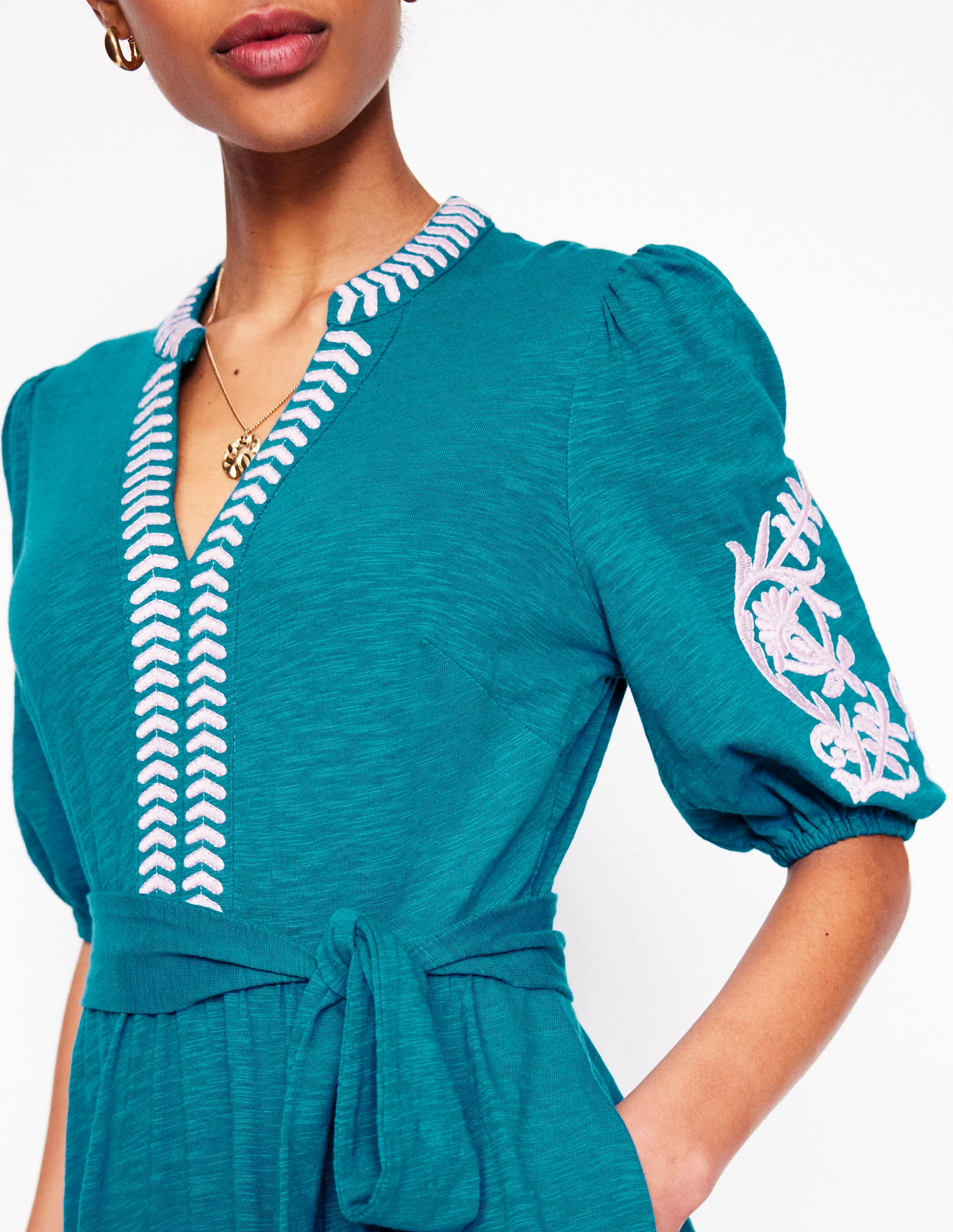 Embroidered Jersey Dress-Deep Sea, Meadowsweet Pink
