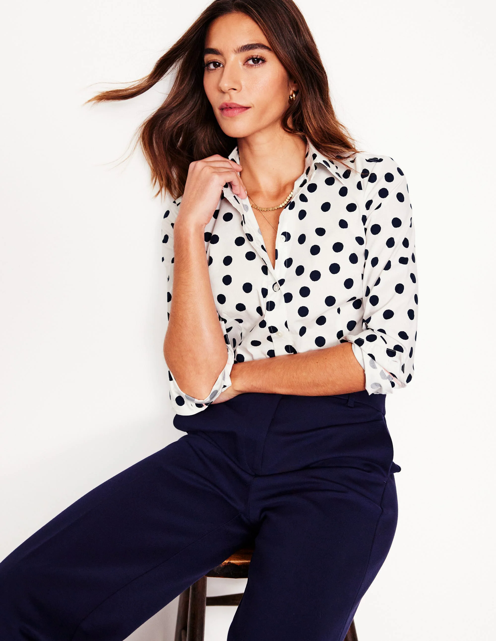  Stretch Cotton Shirt-Ivory and Navy, Abstract Dot