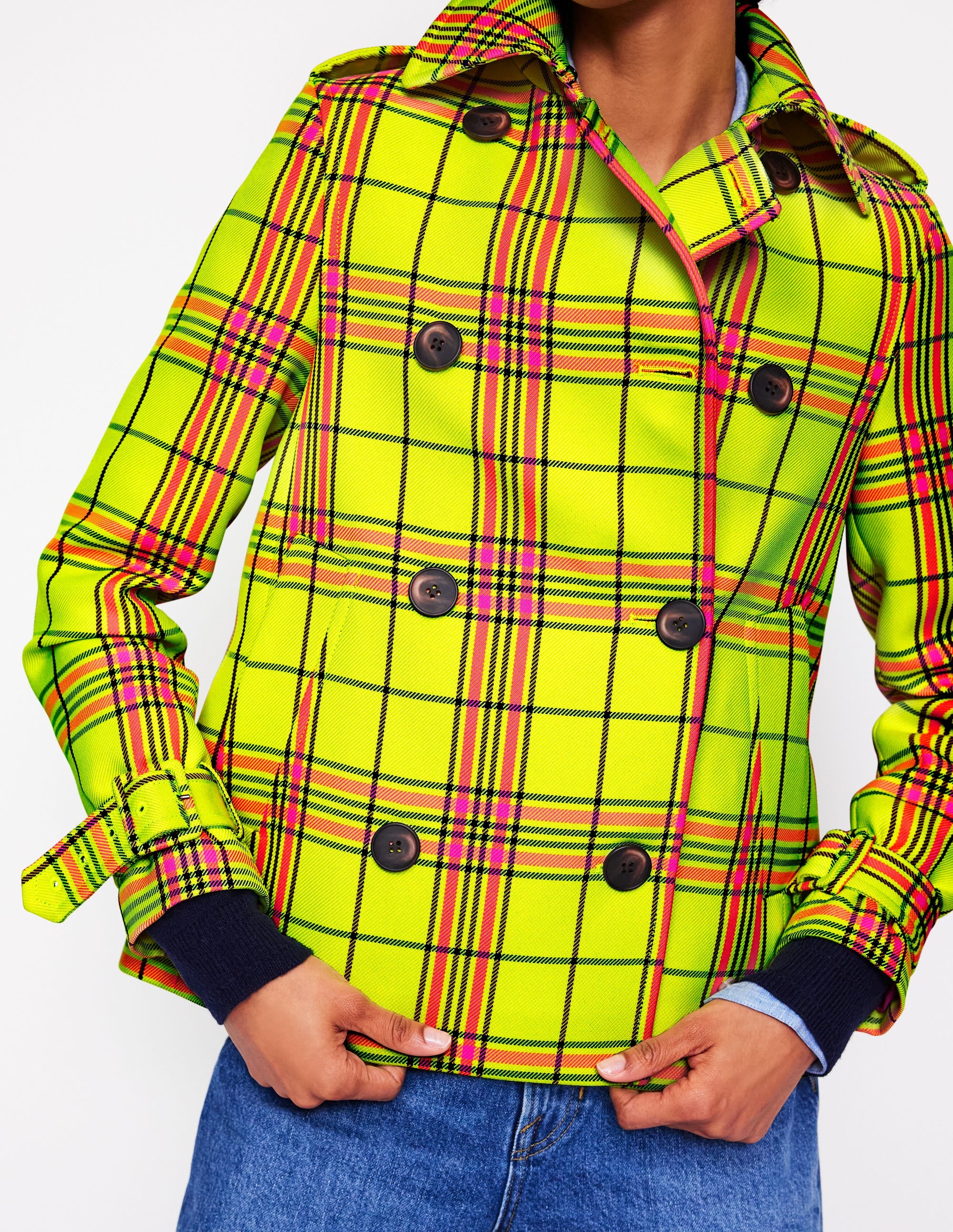  Cropped Trench-Neon Yellow Check