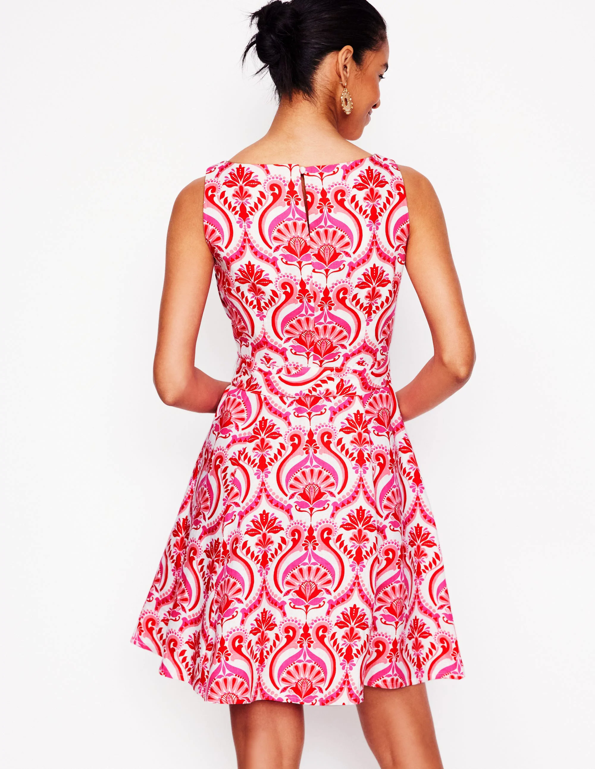  Sleeveless Linen Dress-Poppy Red, Ornamental Floral