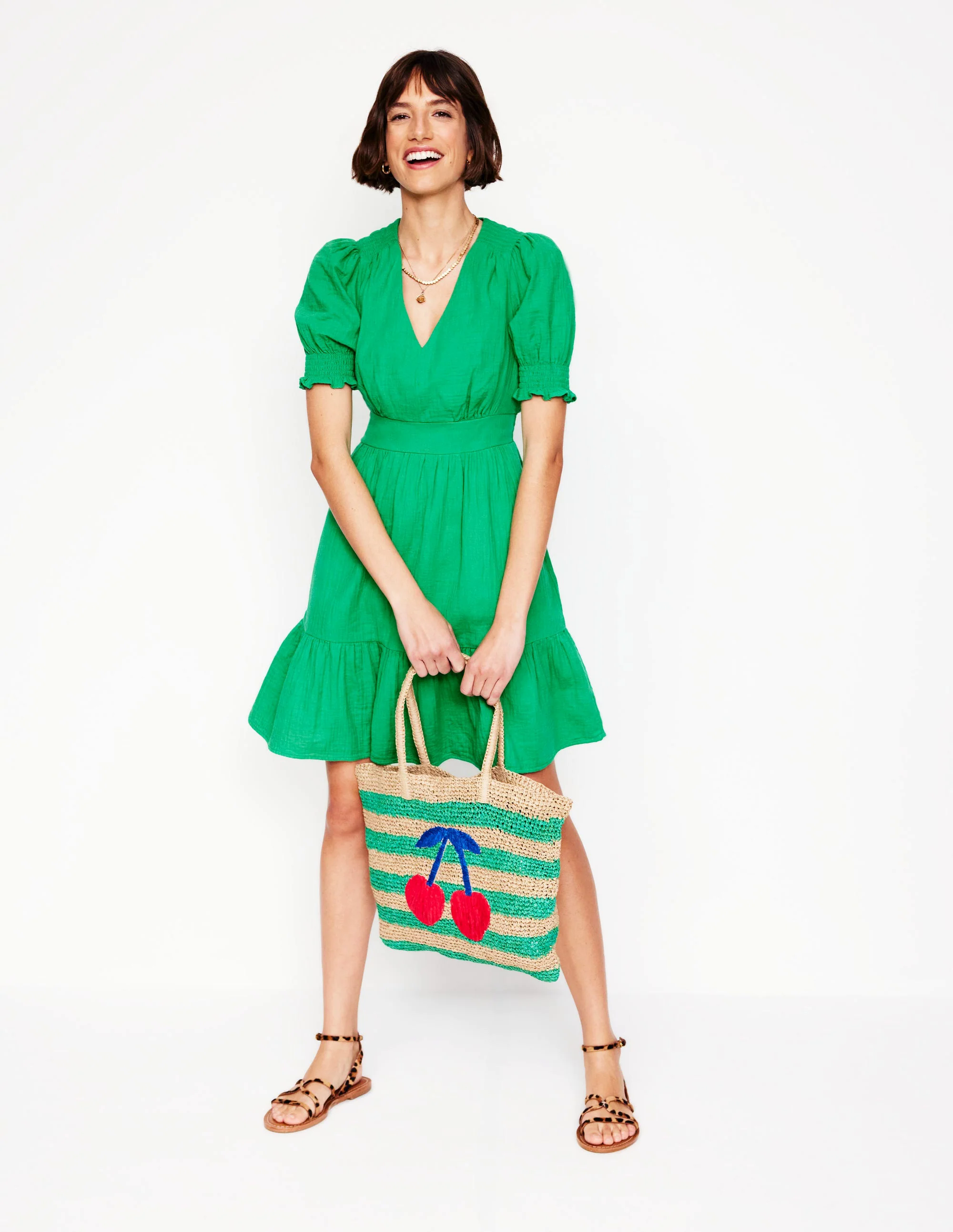  Double Cloth Short Dress-Bright Green