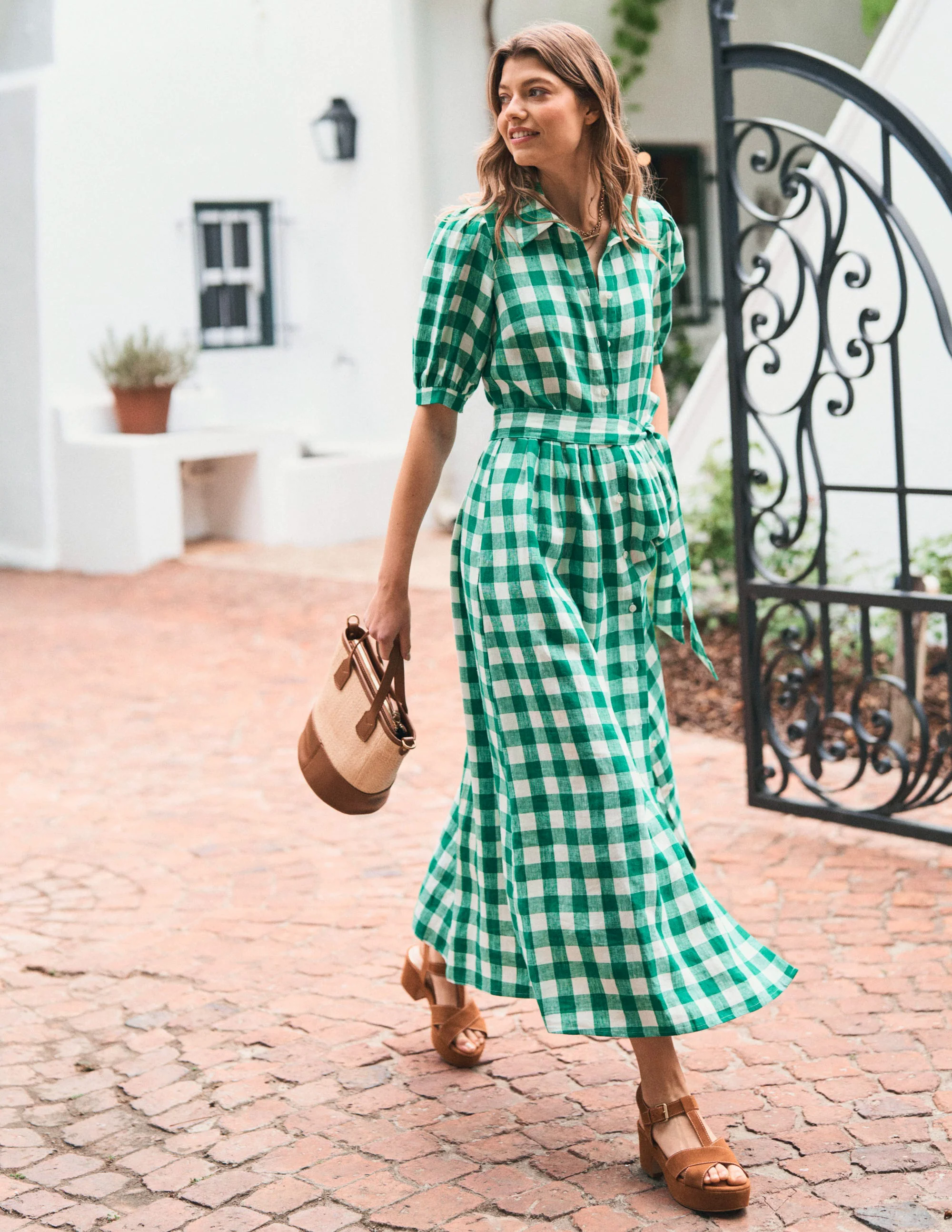  Linen Maxi Shirt Dress-Rich Emerald Gingham