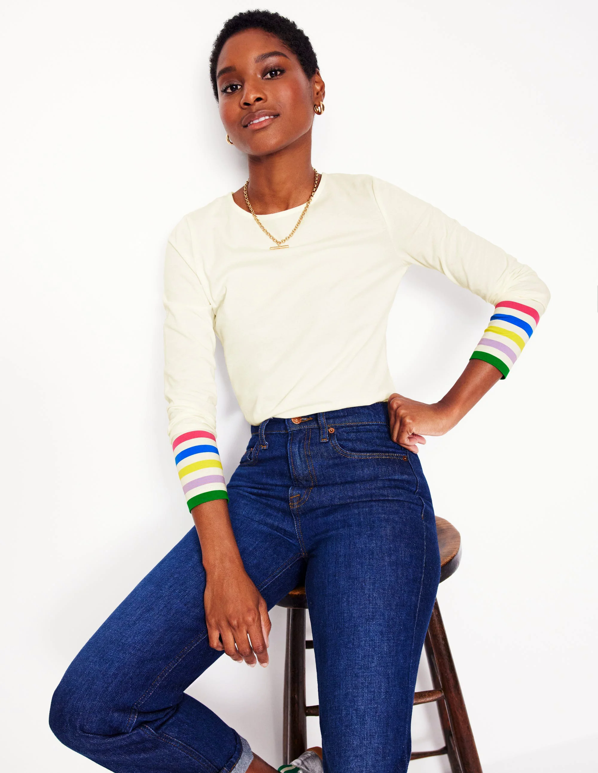 Stripe Cuff Top-Ivory Rainbow Stripe Cuff Stripe Cuff Top-Ivory Rainbow Stripe Cuff