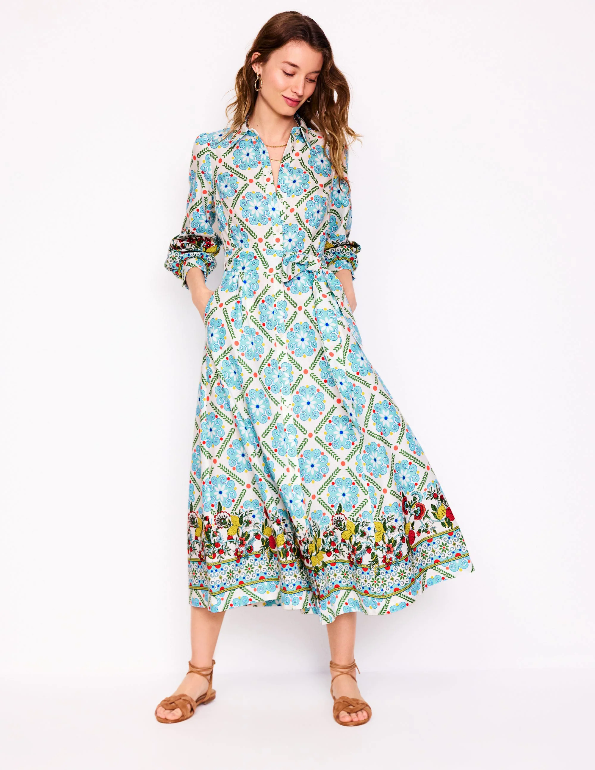  Linen Blend Shirt Dress-Multi, Citrus Vine Tile