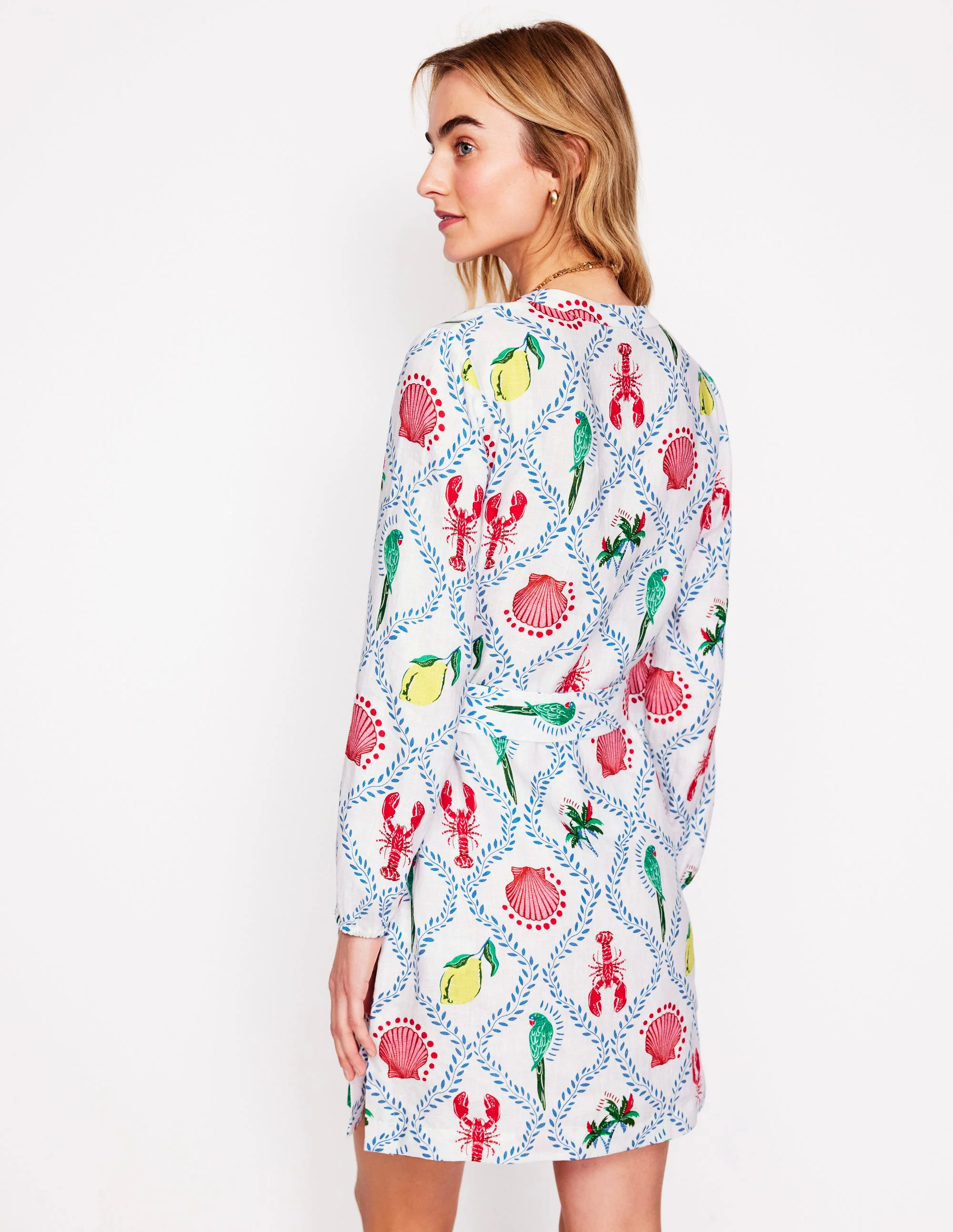  Linen Tie Waist Dress-Ivory, Tropical Bonanza Vine