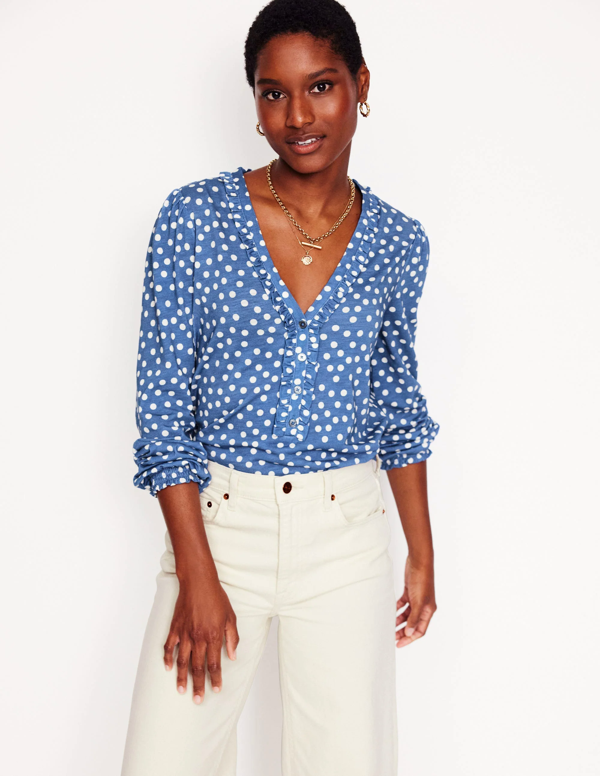 Ruffled Henley Top-Blue River, Abstract Spot