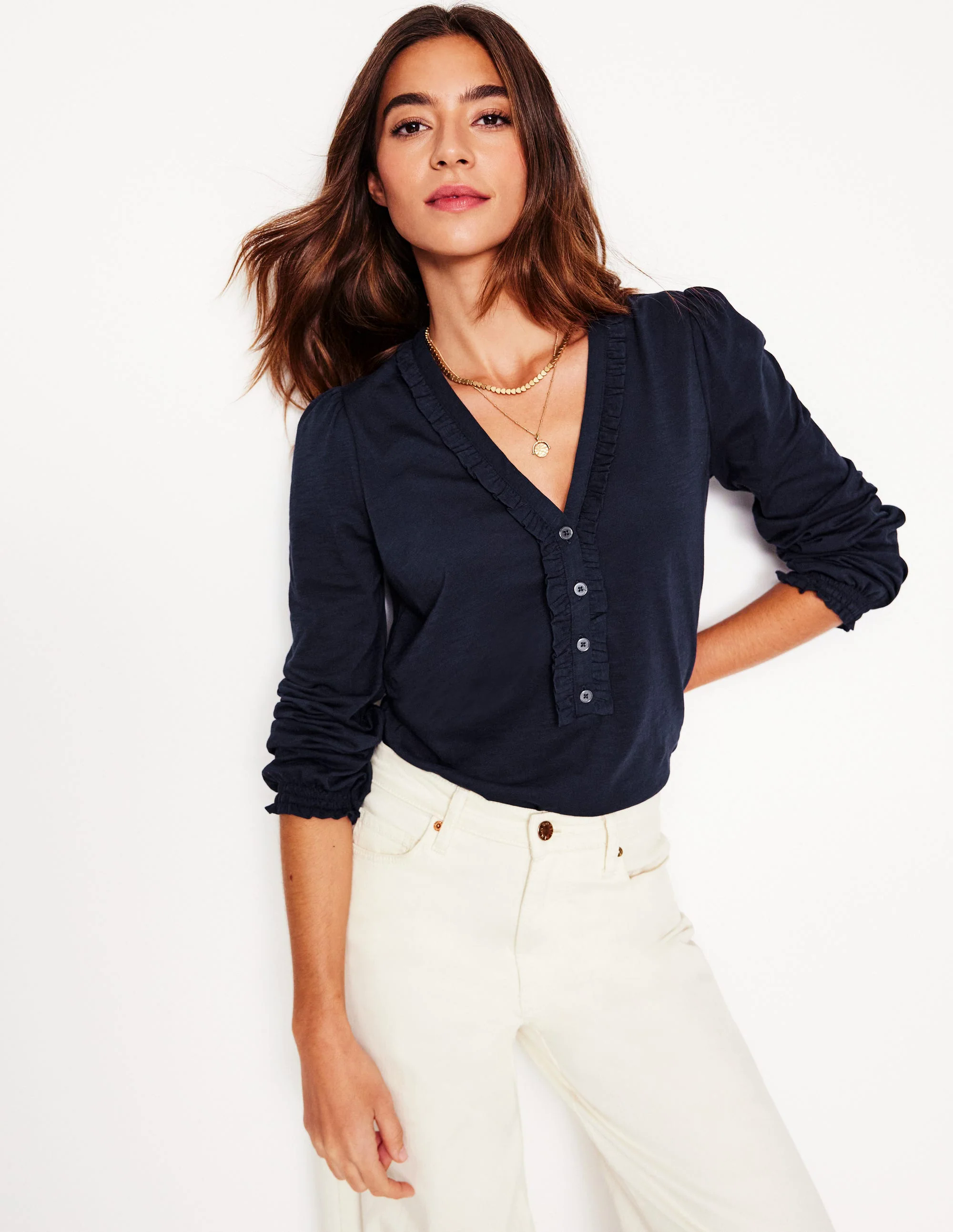 Ruffled Henley Top-Navy