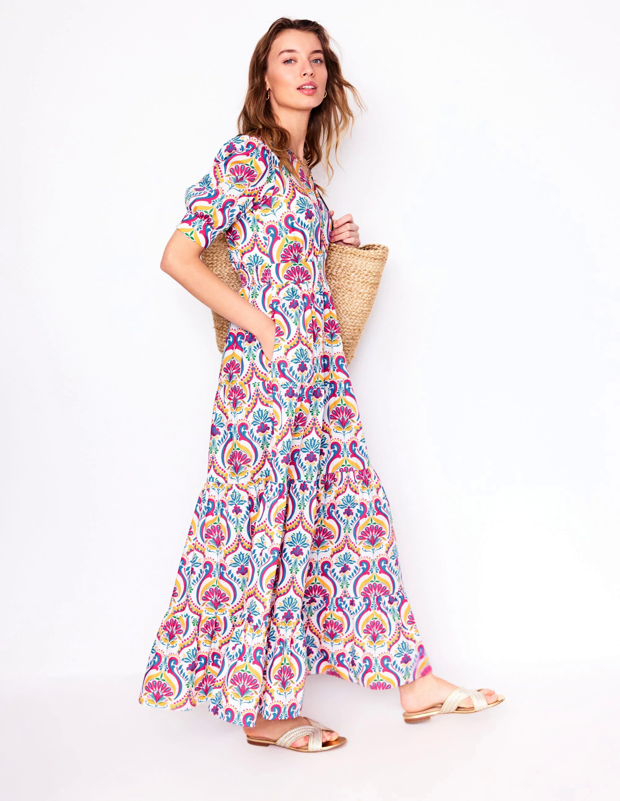  Puff Sleeve Maxi Dress-Multi, Ornamental Floral