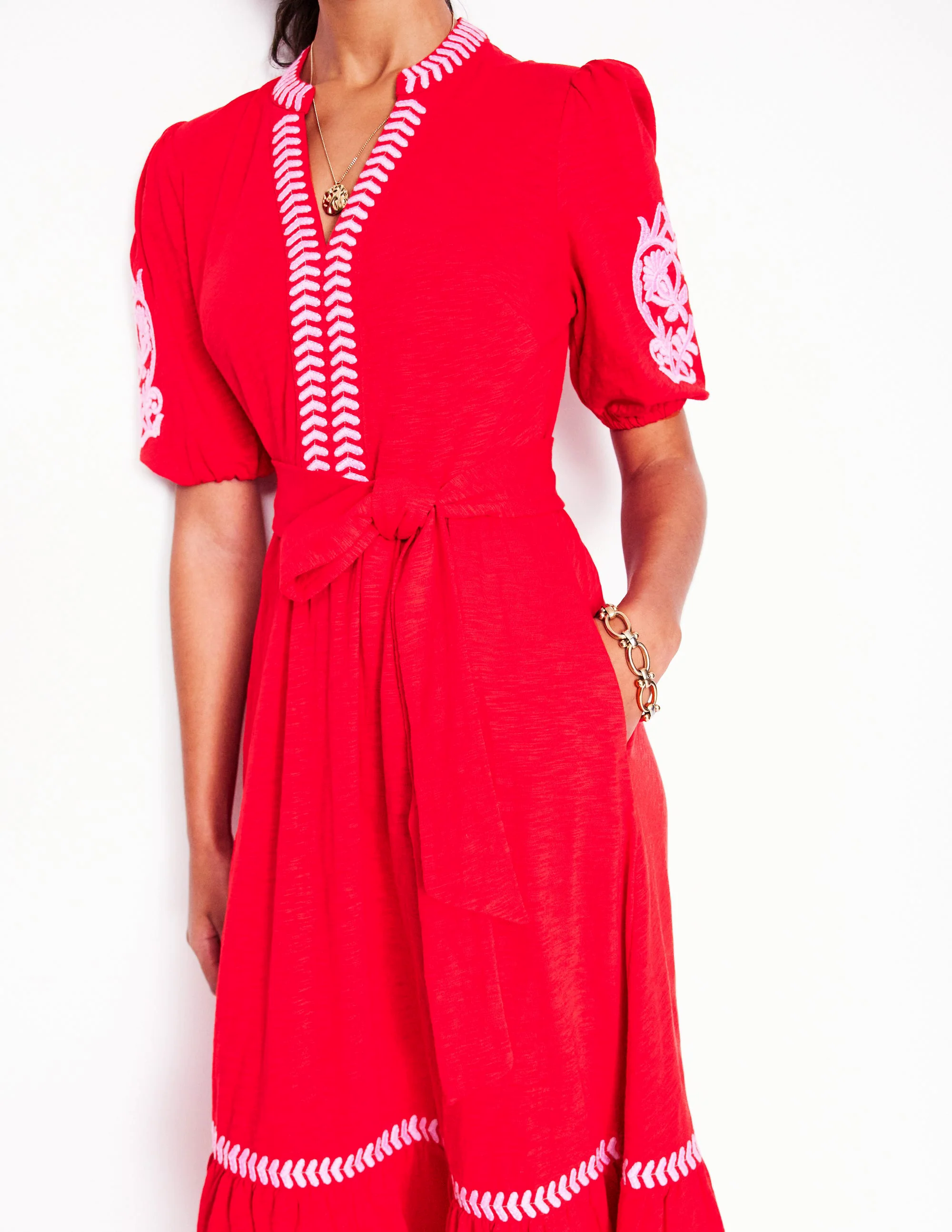  Embroidered Jersey Dress-Poppy Red, Pink Peony