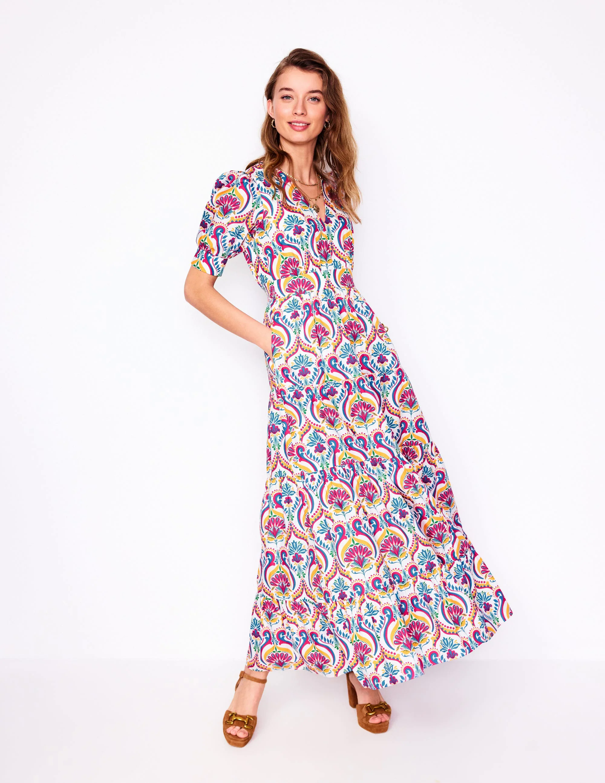  Puff Sleeve Maxi Dress-Multi, Ornamental Floral