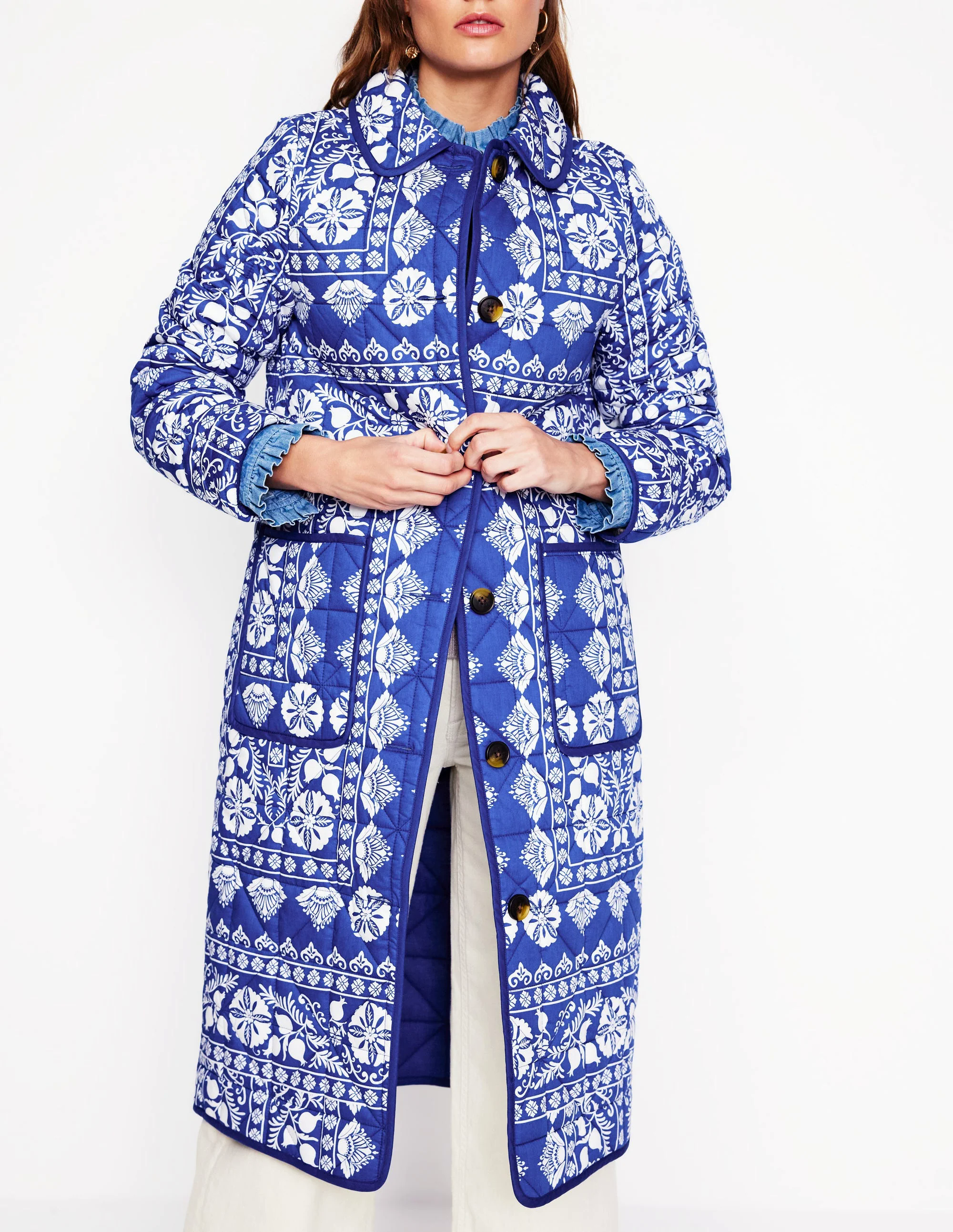 Soft Quilted Coat-Bright Blue, Ornate Border Soft Quilted Coat-Bright Blue, Ornate Border