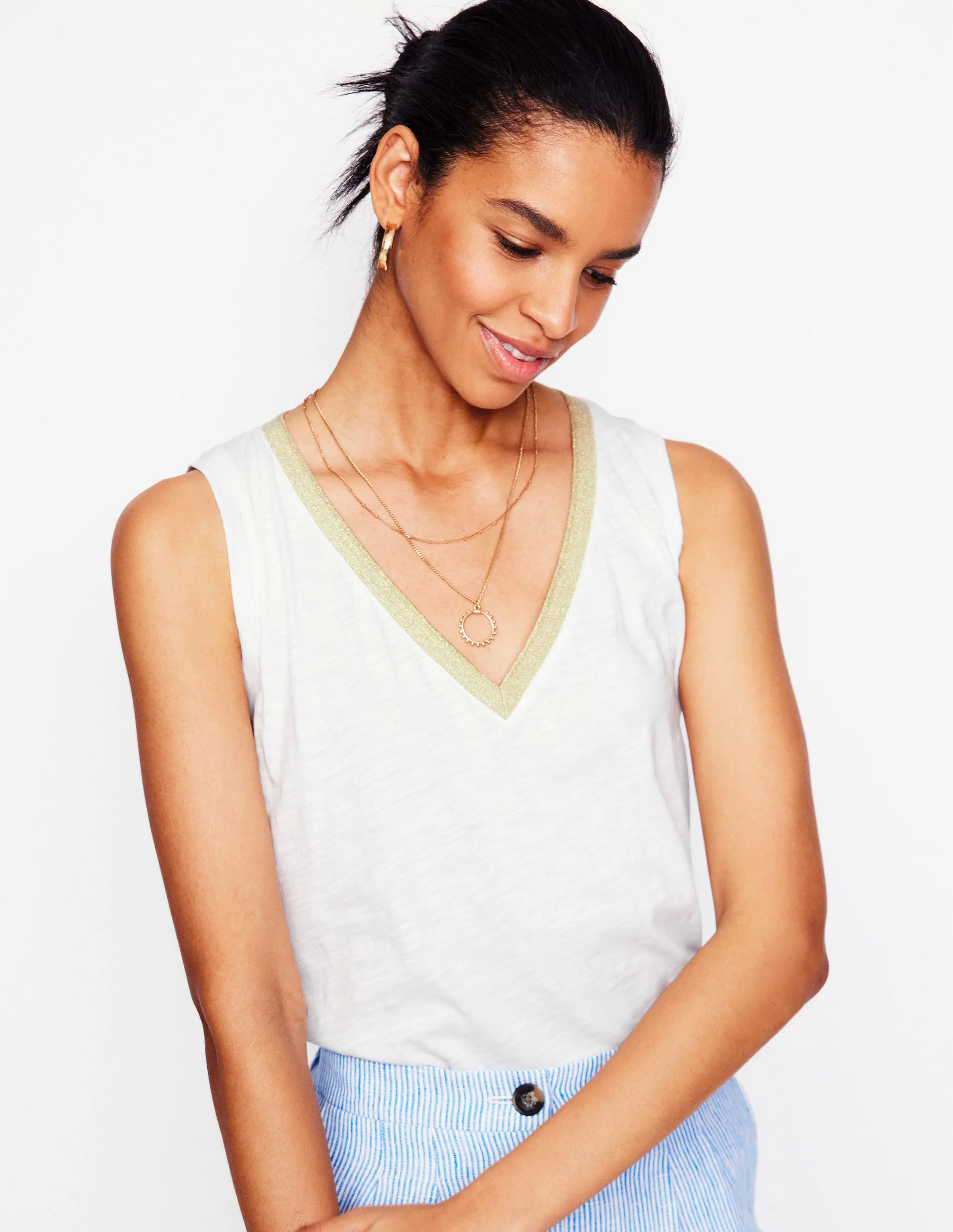 Metallic Trim V Neck Vest-White Metallic Trim V Neck Vest-White