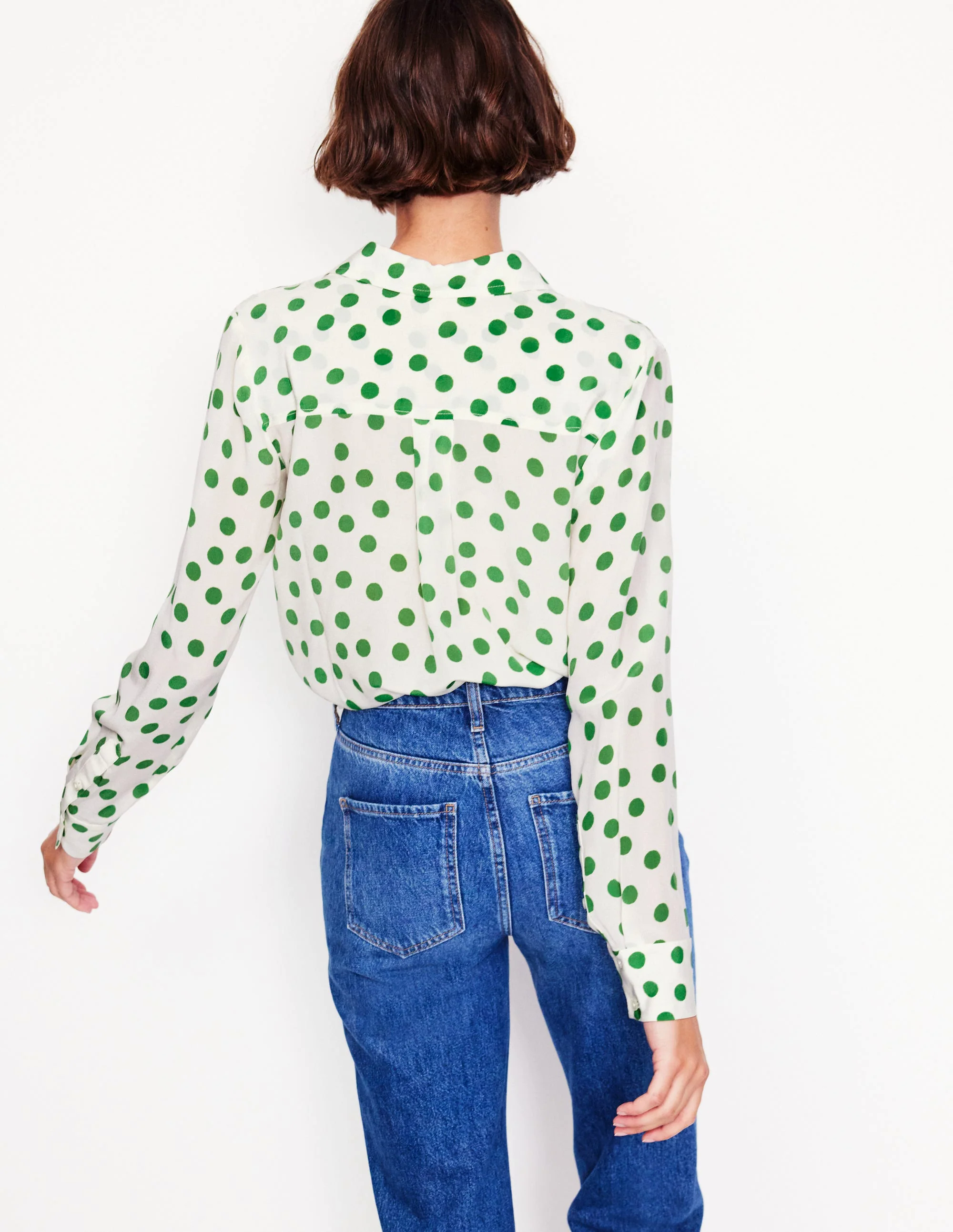 Silk Shirt-Ivory, Green Abstract Dot