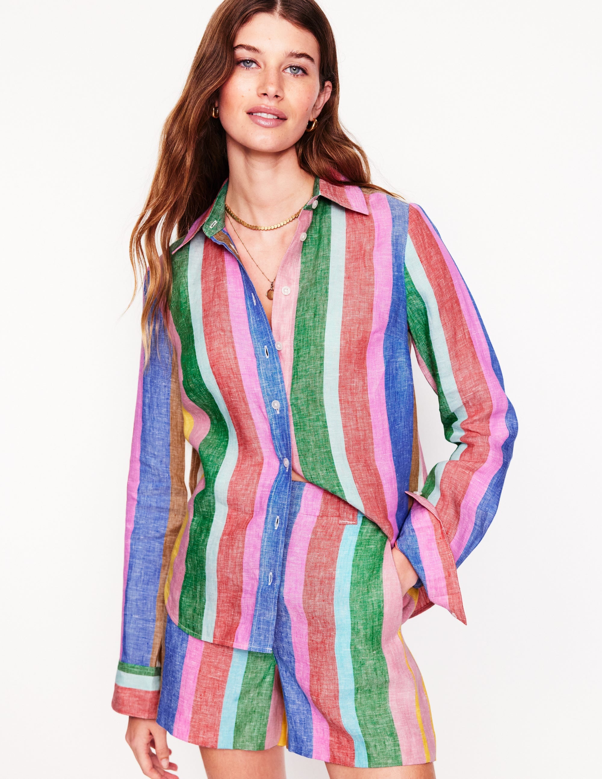 Linen Shirt-Bright Rainbow Stripe