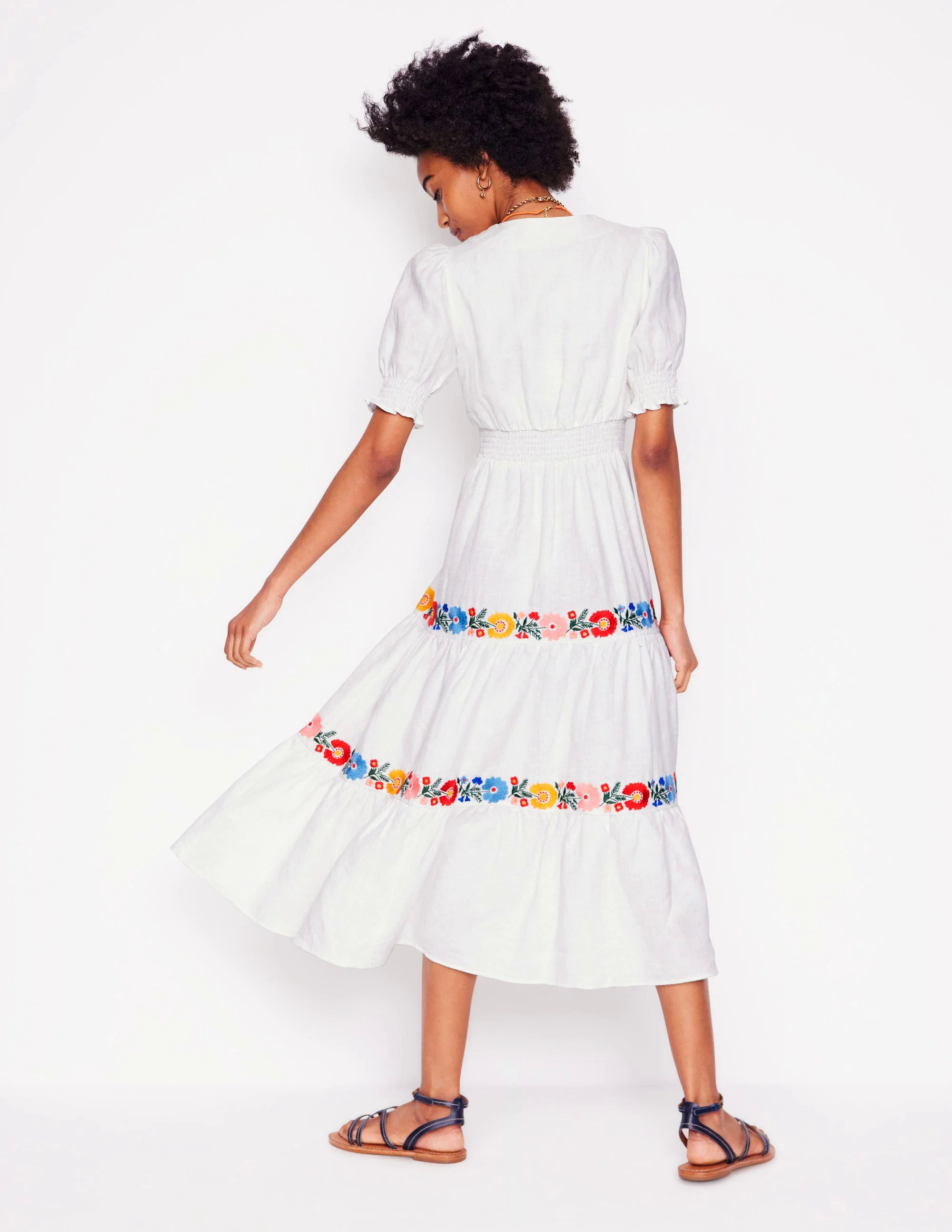  Linen Tiered Midi Dress-White, Multi Embroidery