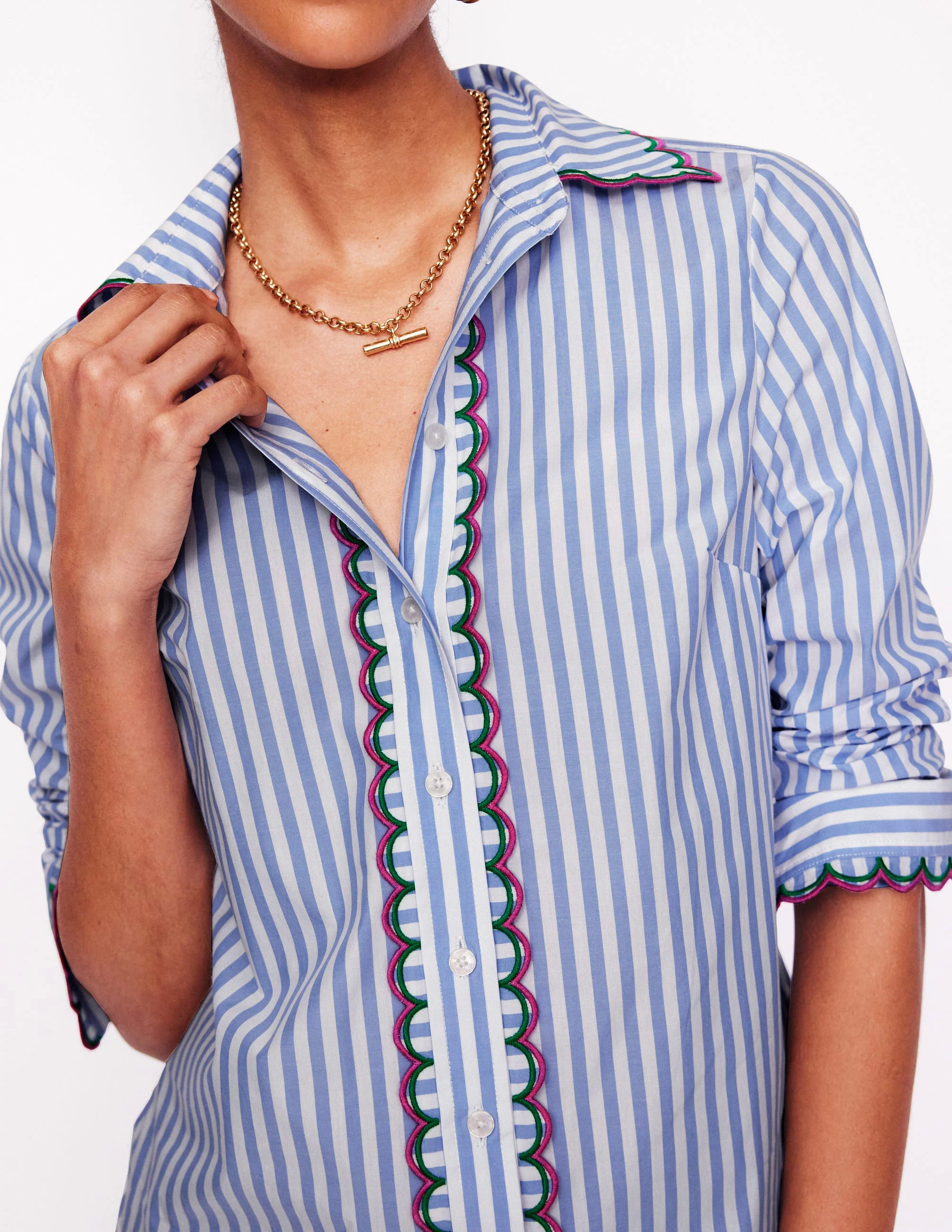  Interest Cotton Shirt-Multi, Blue and Ivory Stripe