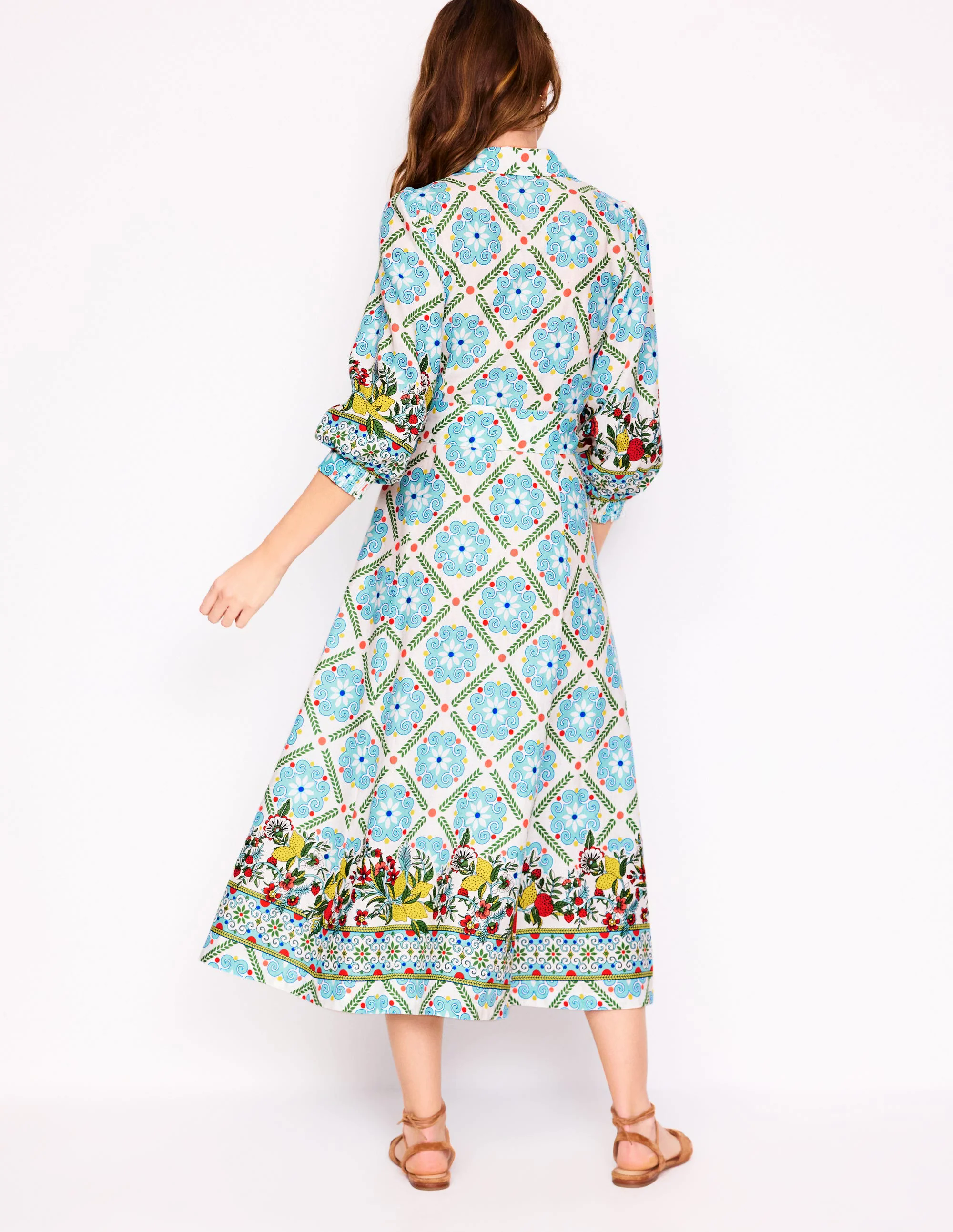  Linen Blend Shirt Dress-Multi, Citrus Vine Tile