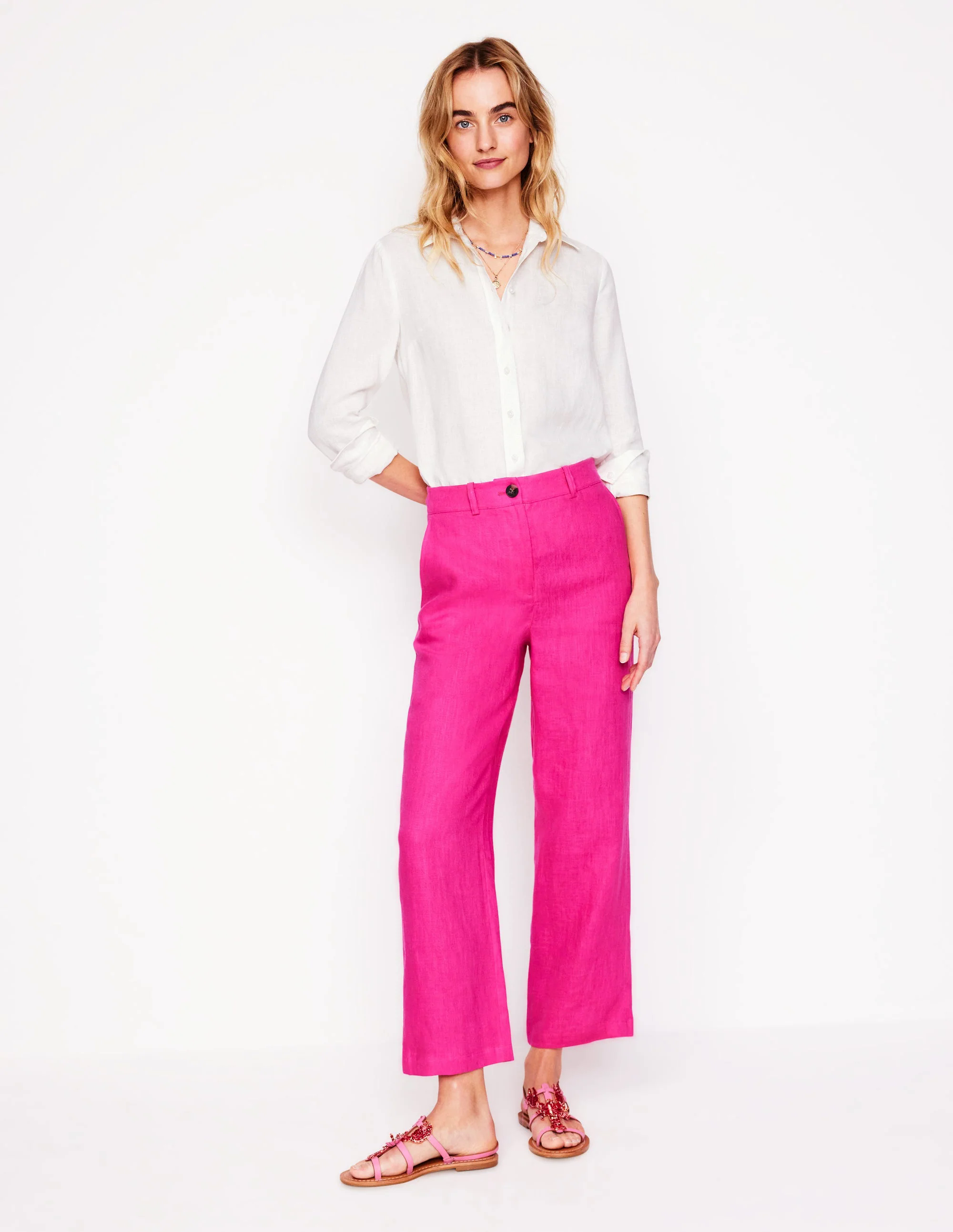  Crop Linen Pants-Pink Peony