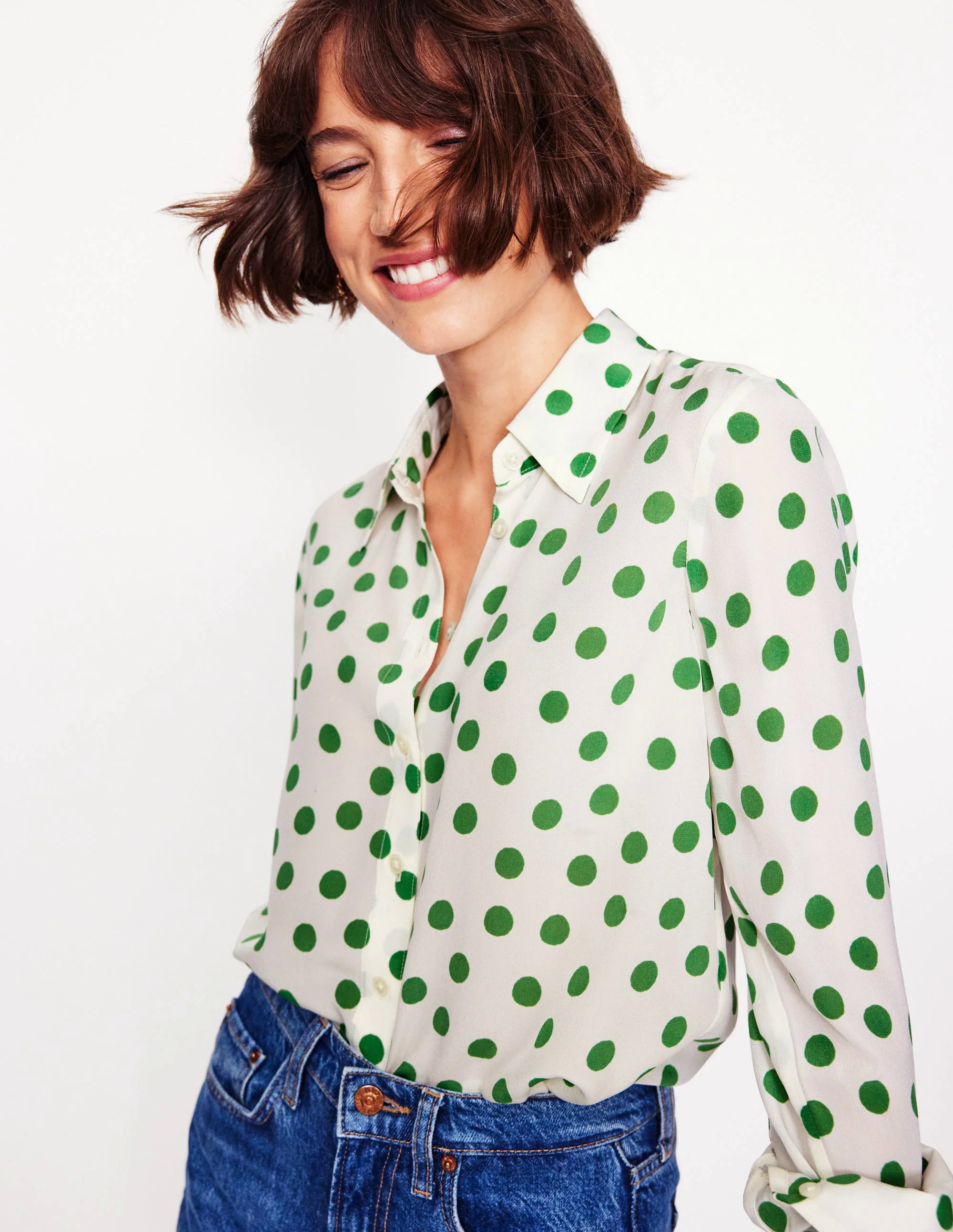 Silk Shirt-Ivory, Green Abstract Dot