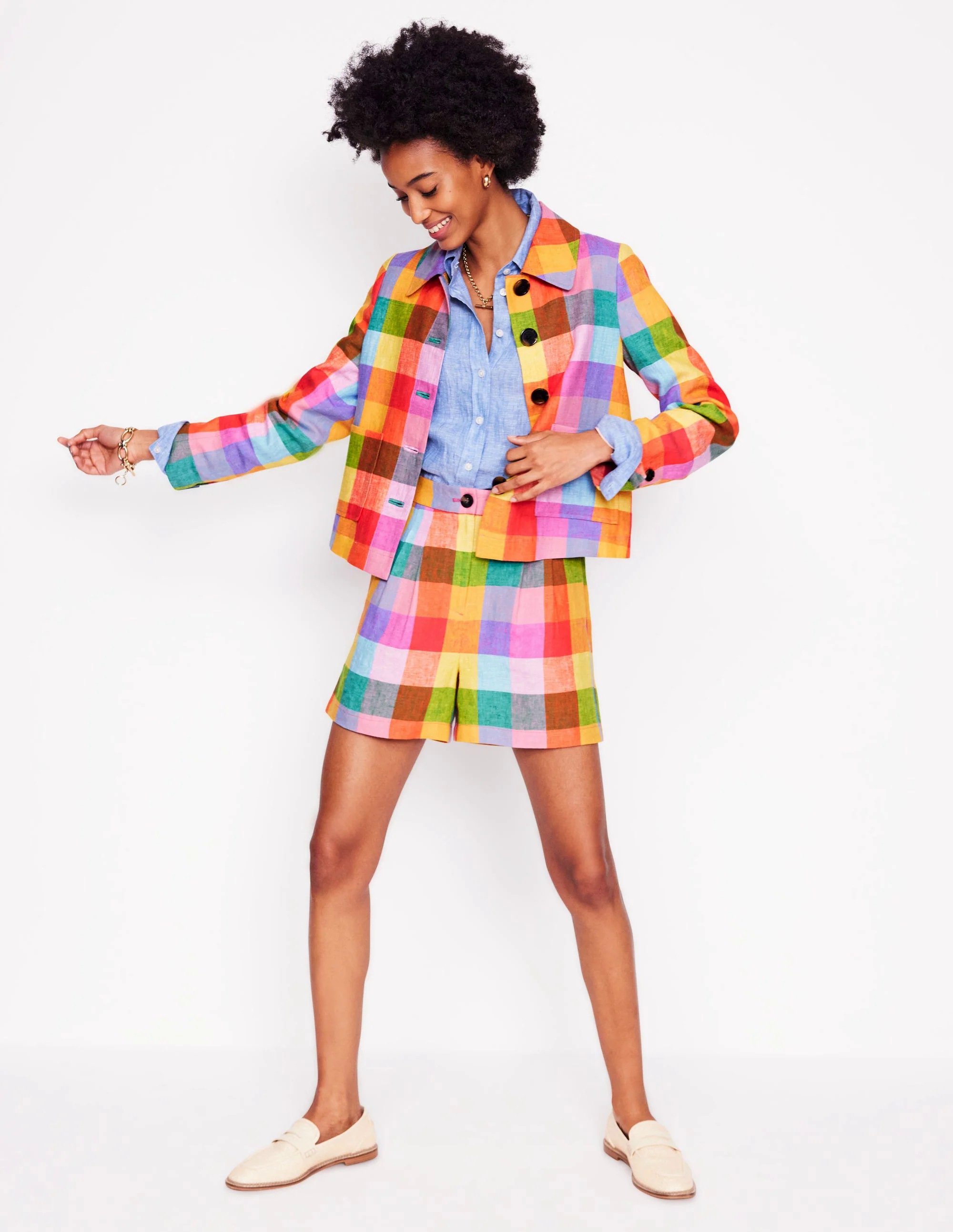 Knightsbridge Linen Jacket-Rainbow Multigingham