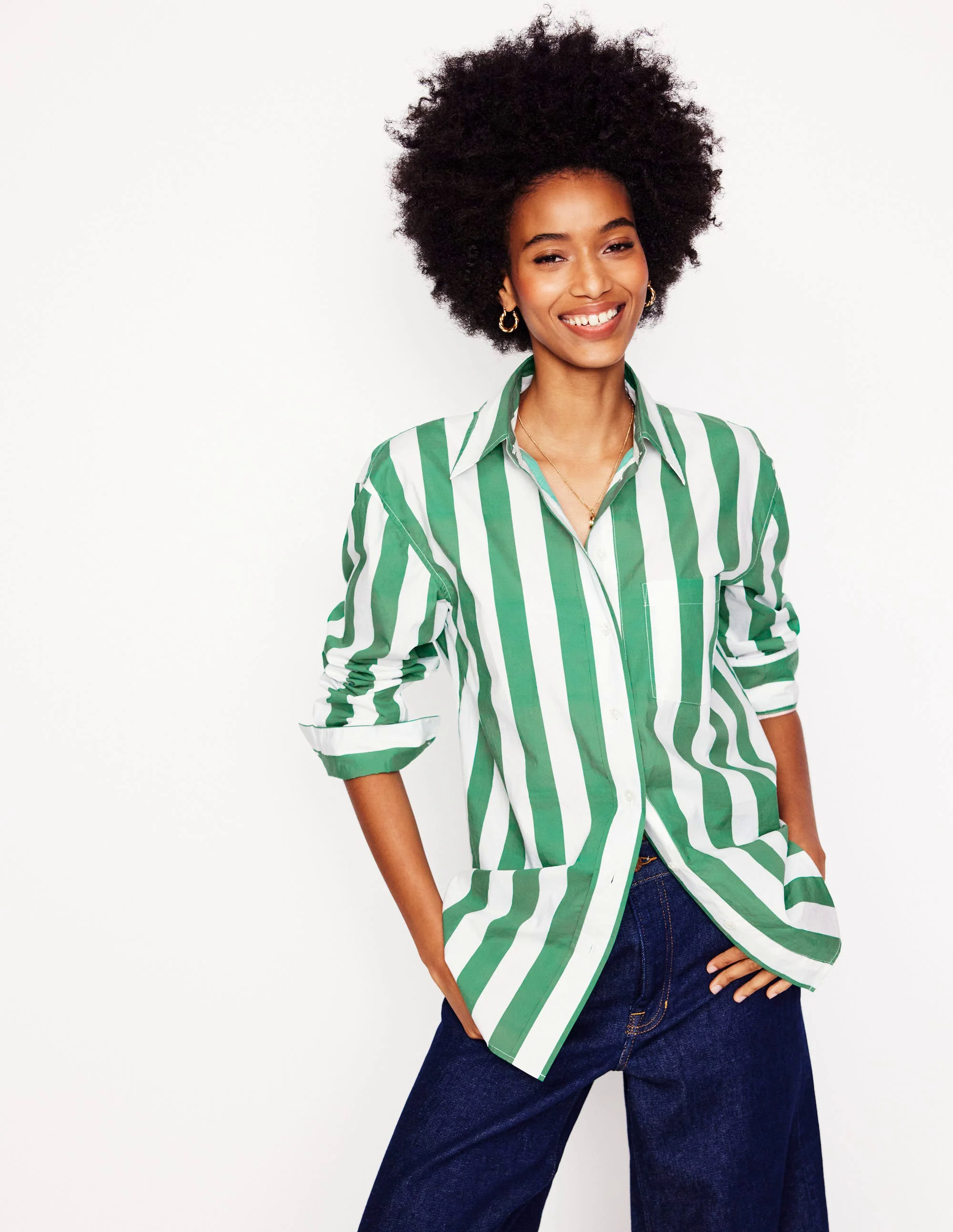 Relaxed Cotton Shirt-Rich Emerald Wide Stripe