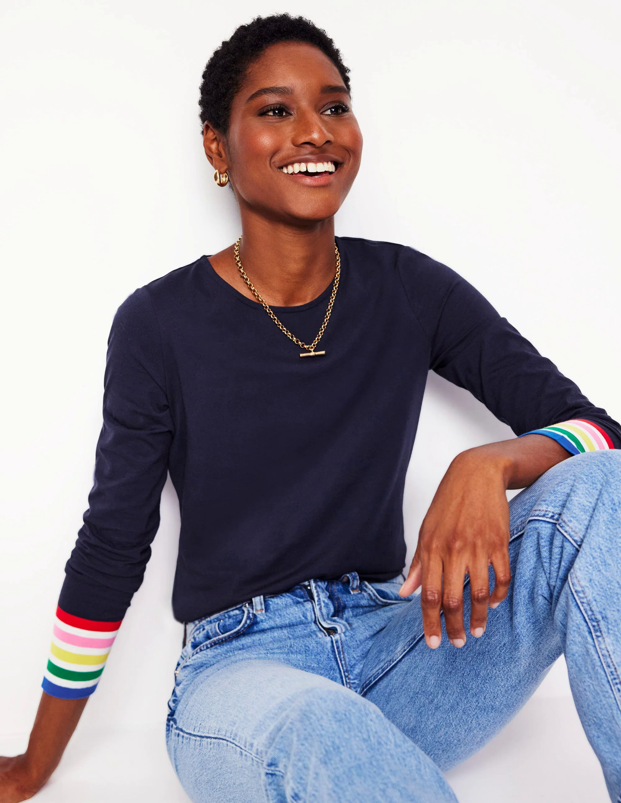Stripe Cuff Top-Navy Rainbow Stripe Cuff Stripe Cuff Top-Navy Rainbow Stripe Cuff
