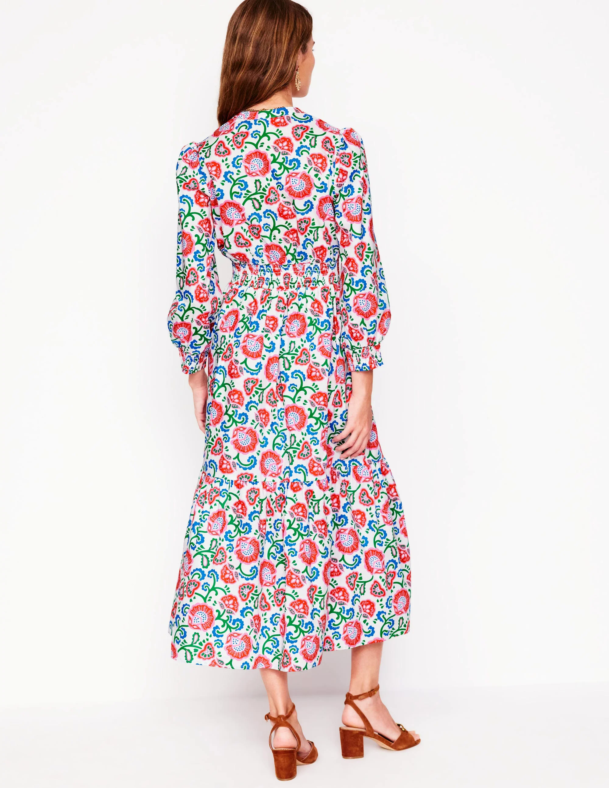 Elena Tiered Cotton Midi Dress-Ivory, Garden Vine