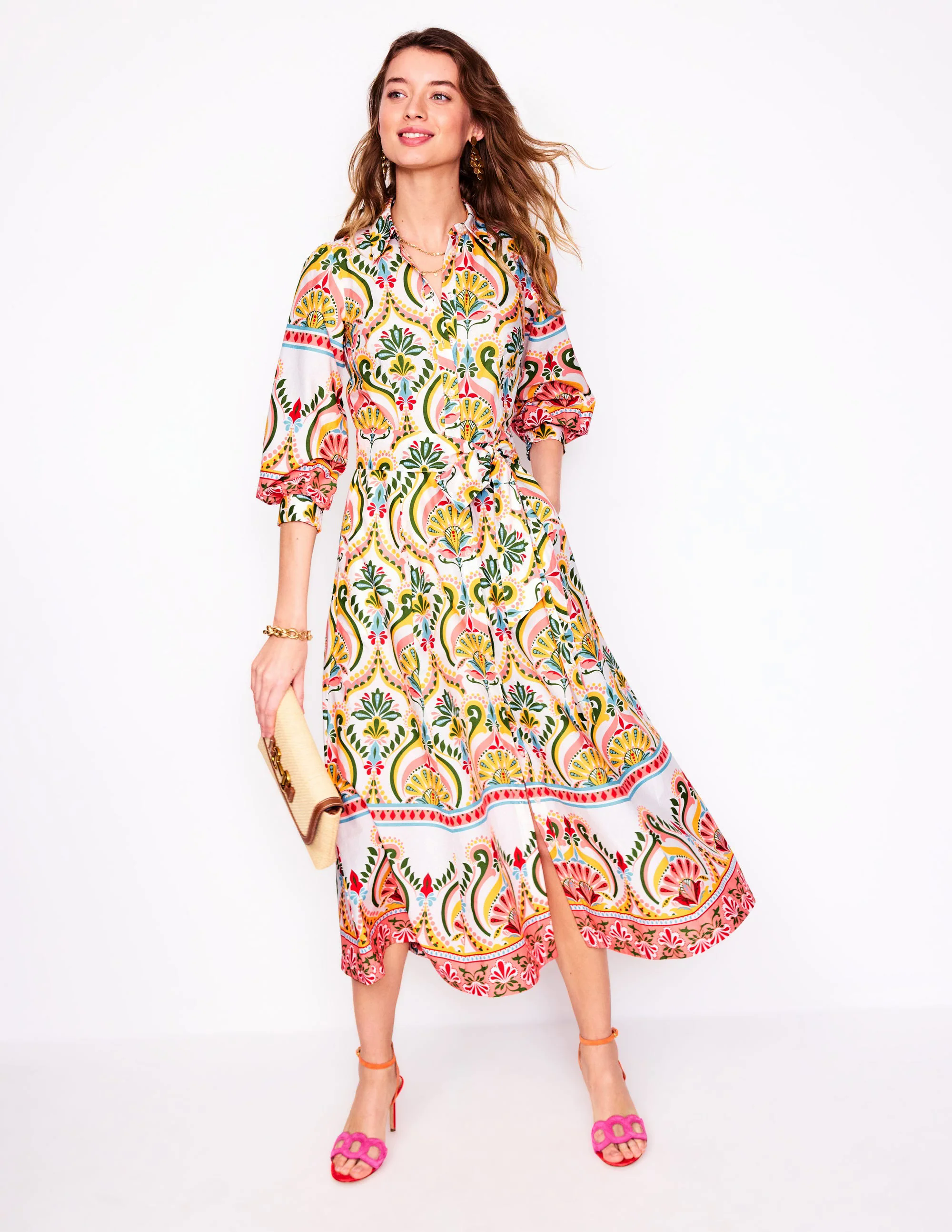  Cotton Shirt Dress-Multi, Ornamental Floral