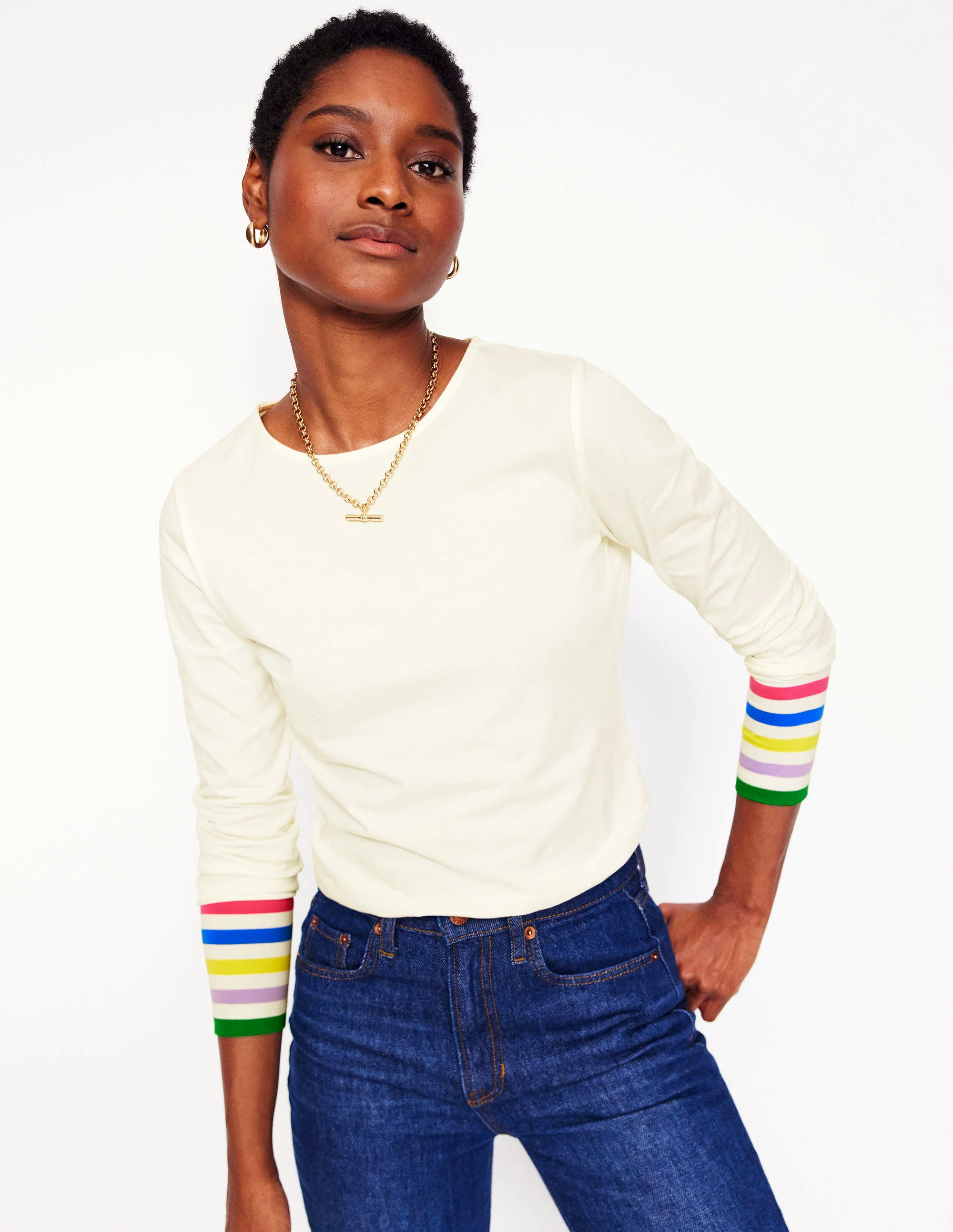 Stripe Cuff Top-Ivory Rainbow Stripe Cuff Stripe Cuff Top-Ivory Rainbow Stripe Cuff