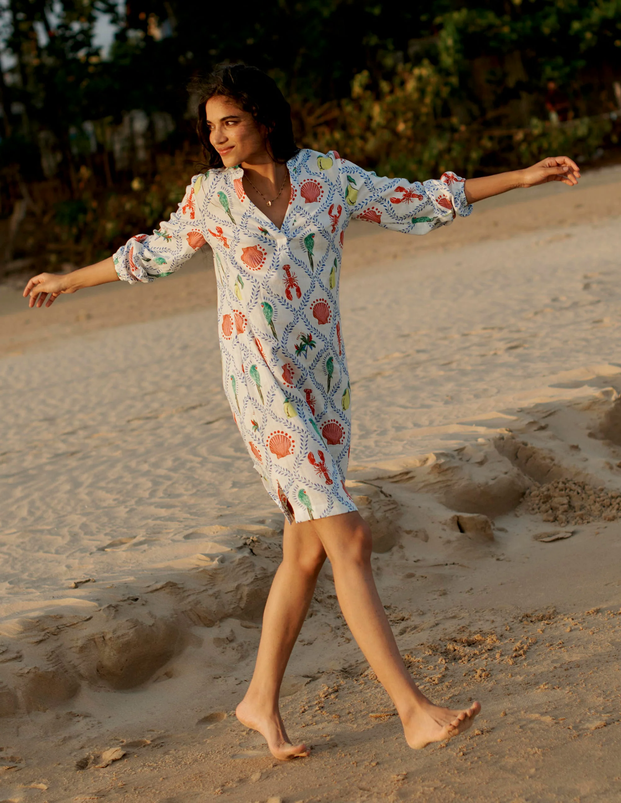  Linen Tie Waist Dress-Ivory, Tropical Bonanza Vine