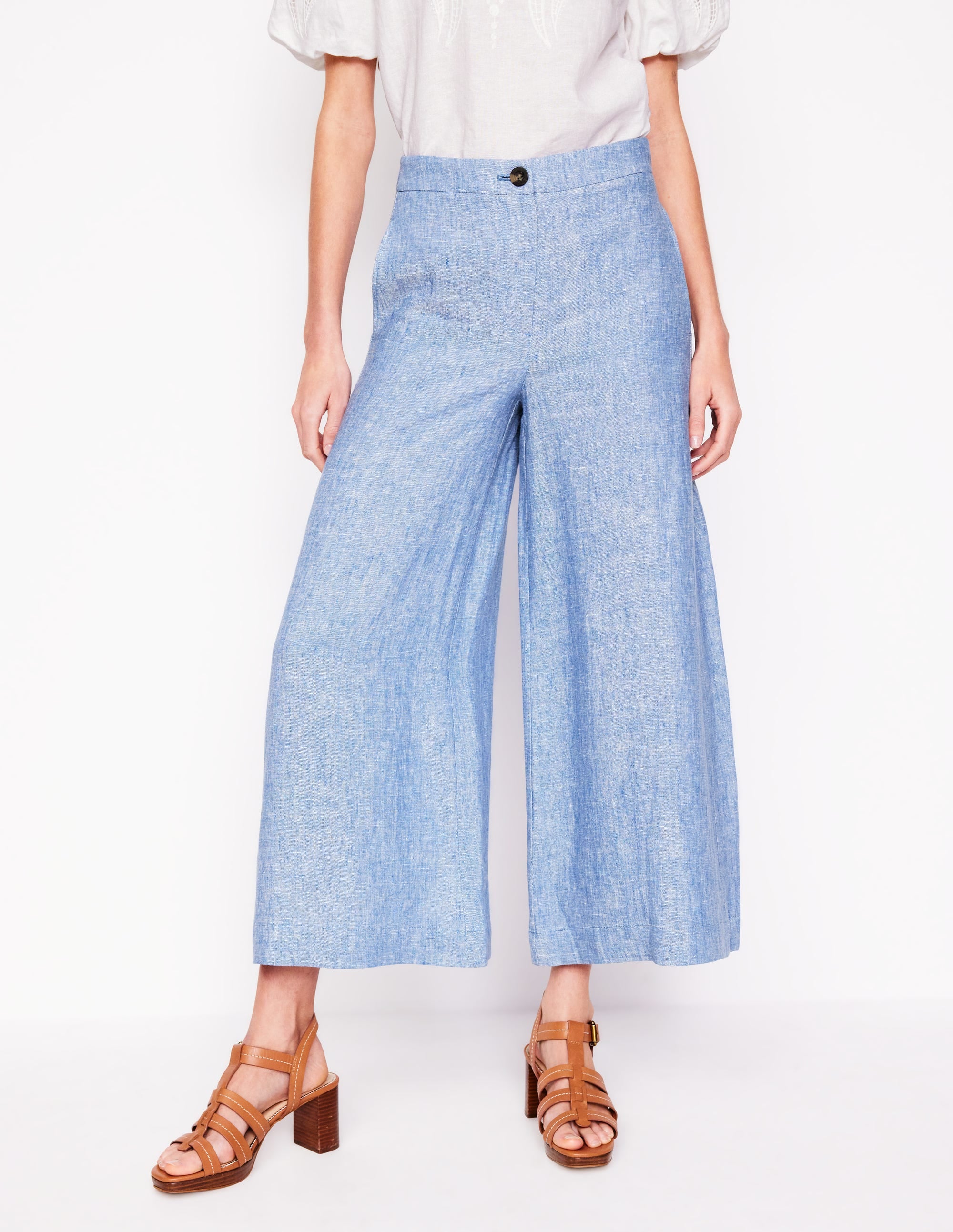 Wide Crop Linen Pants-Grey Blue Chambray Wide Crop Linen Pants-Grey Blue Chambray