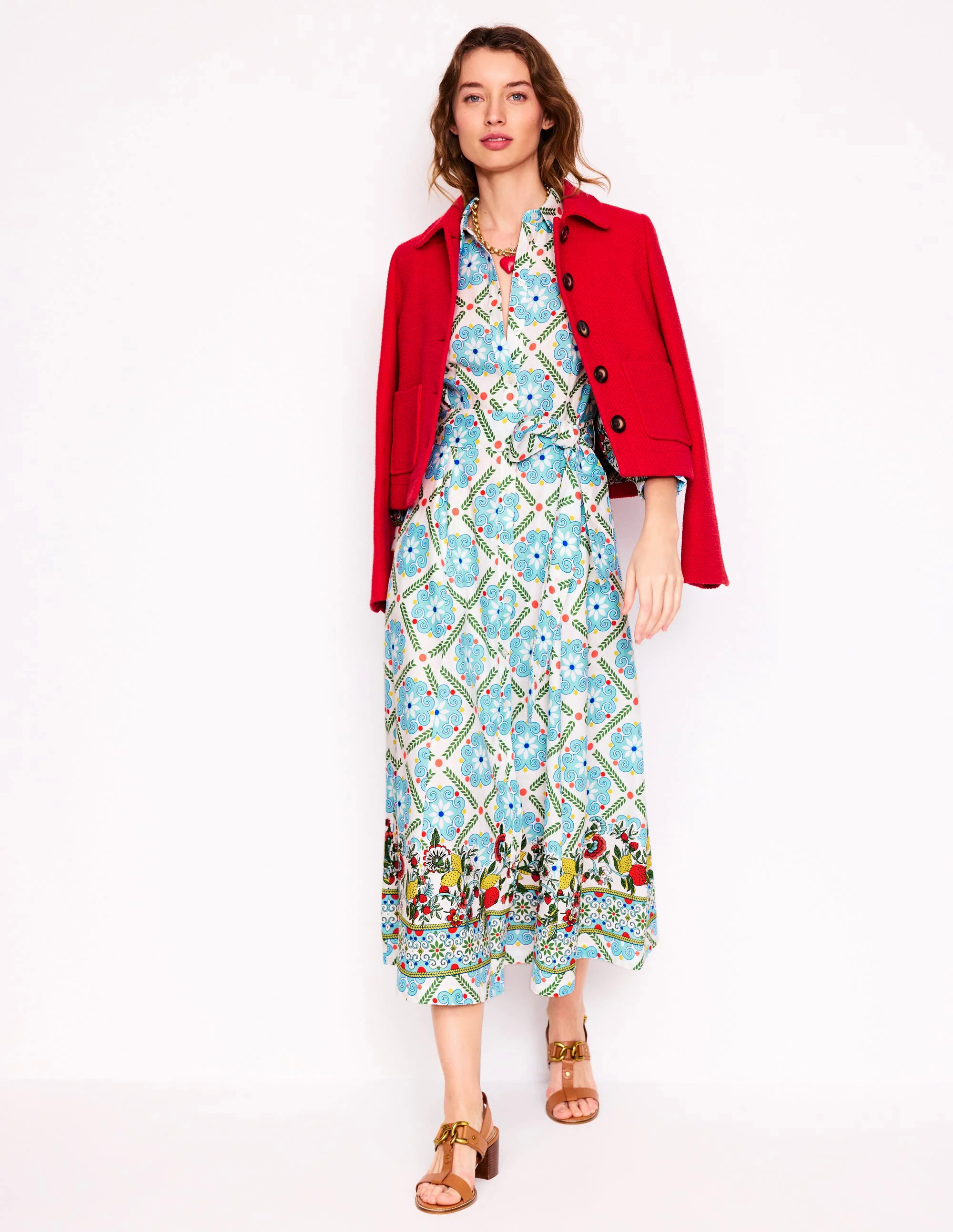  Linen Blend Shirt Dress-Multi, Citrus Vine Tile