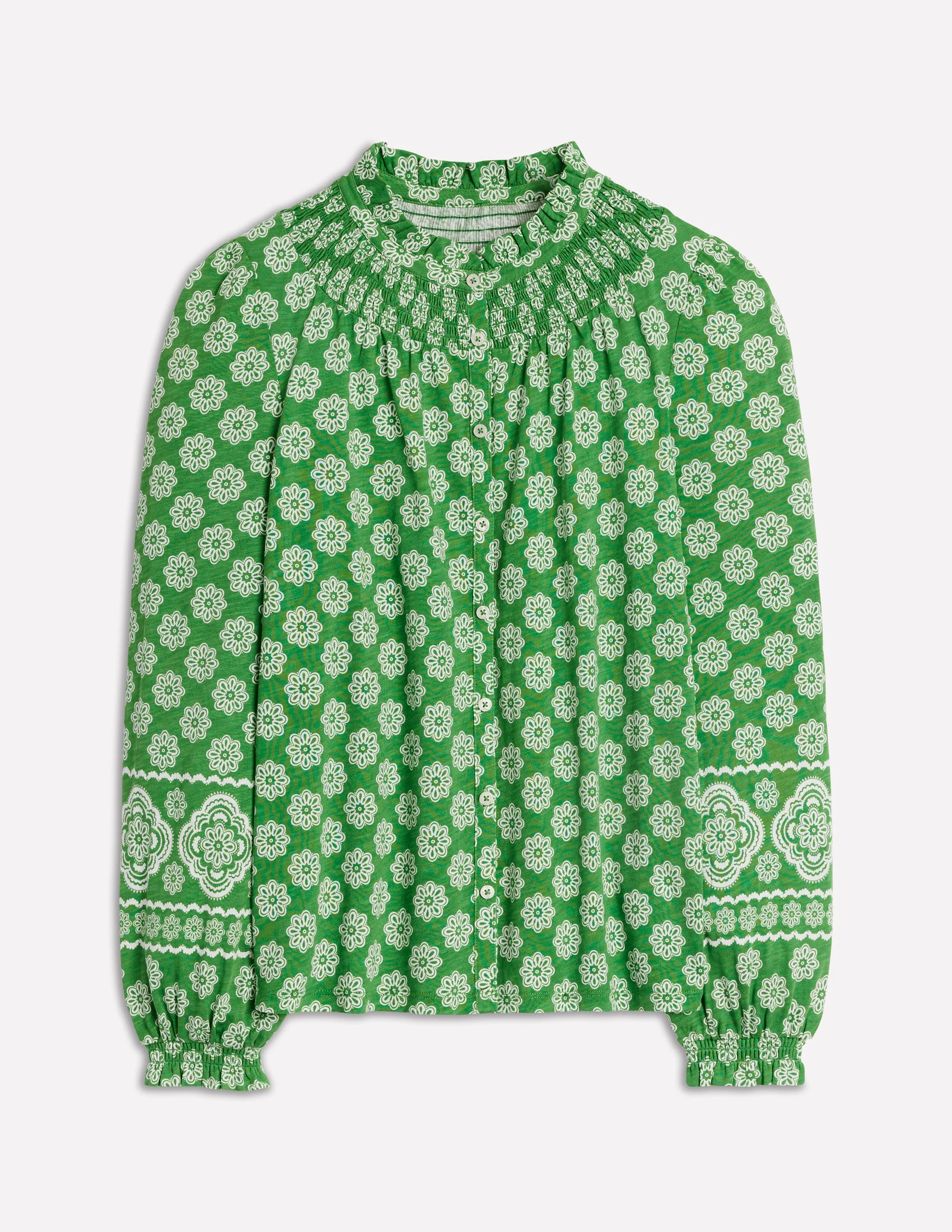 Smocked Jersey Shirt-Paradise Green, Botanic Blush