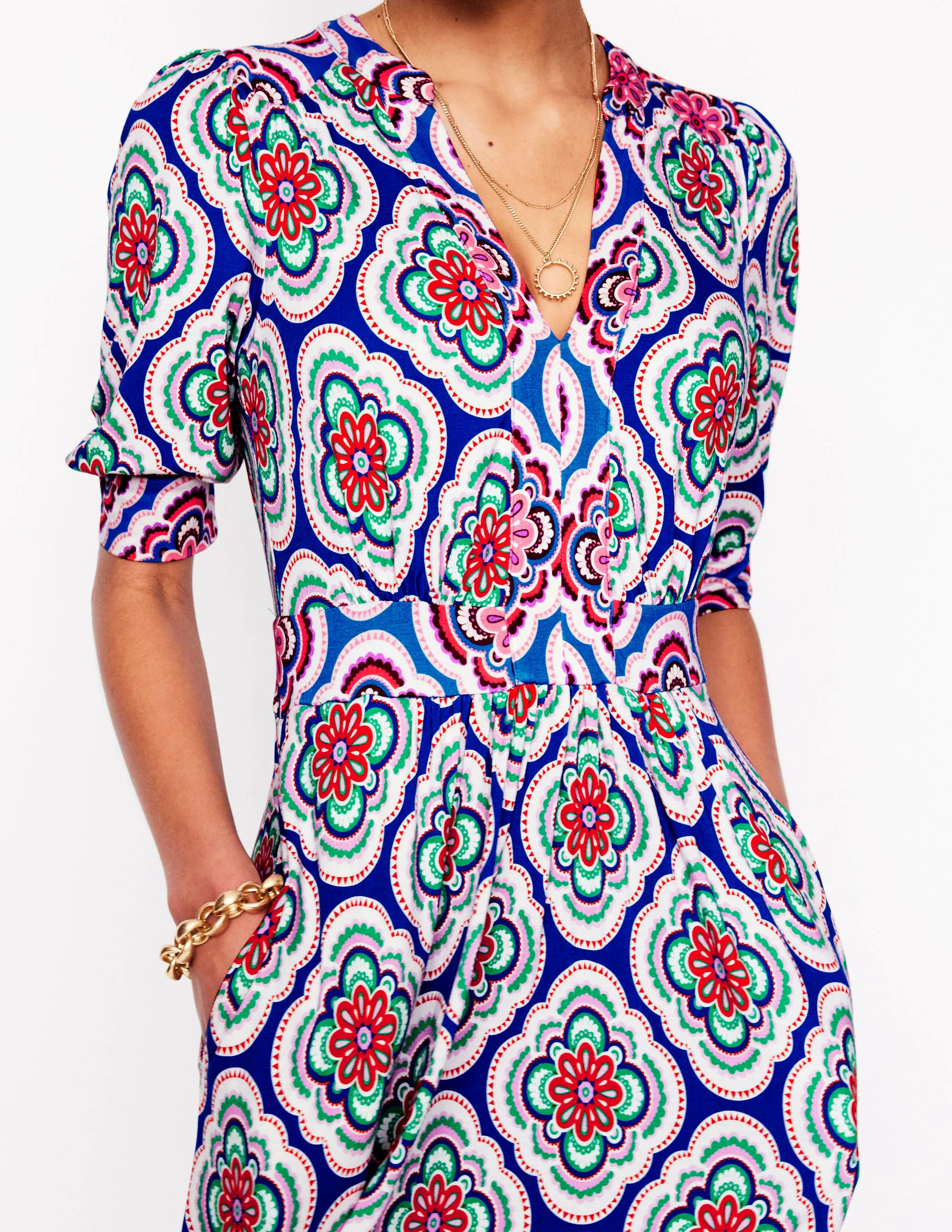 Lily Jersey Midi Tea Dress-Bright Blue, Botanic Blush Lily Jersey Midi Tea Dress-Bright Blue, Botanic Blush