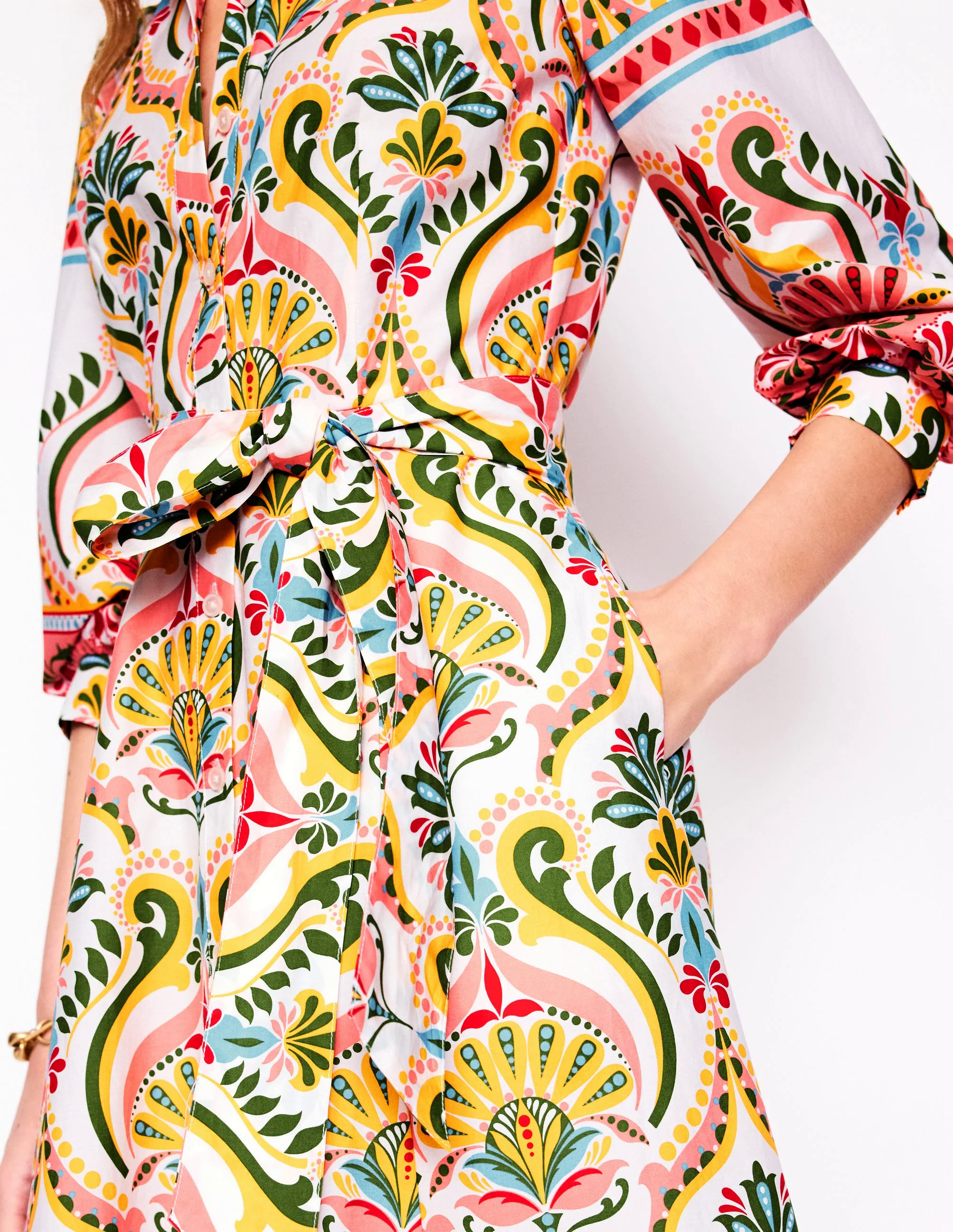  Cotton Shirt Dress-Multi, Ornamental Floral