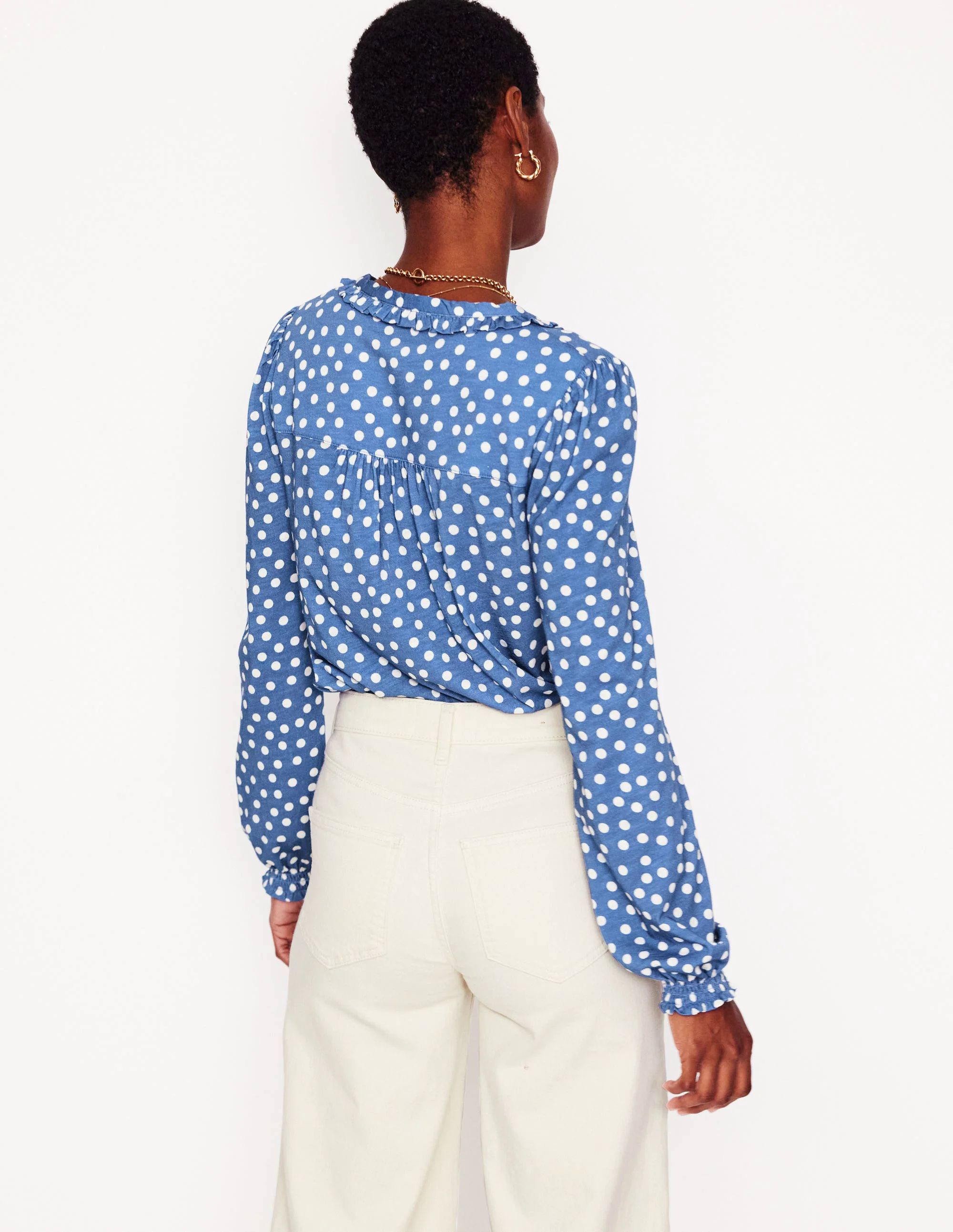 Ruffled Henley Top-Blue River, Abstract Spot