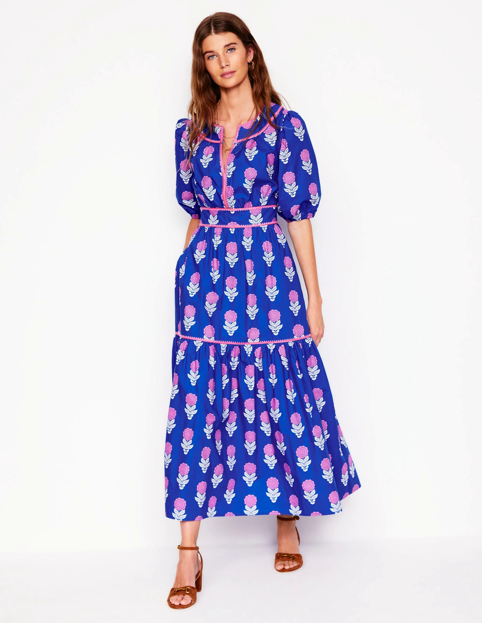  Embroidered Midi Dress-Gallery Blue, Dahlia Sprig